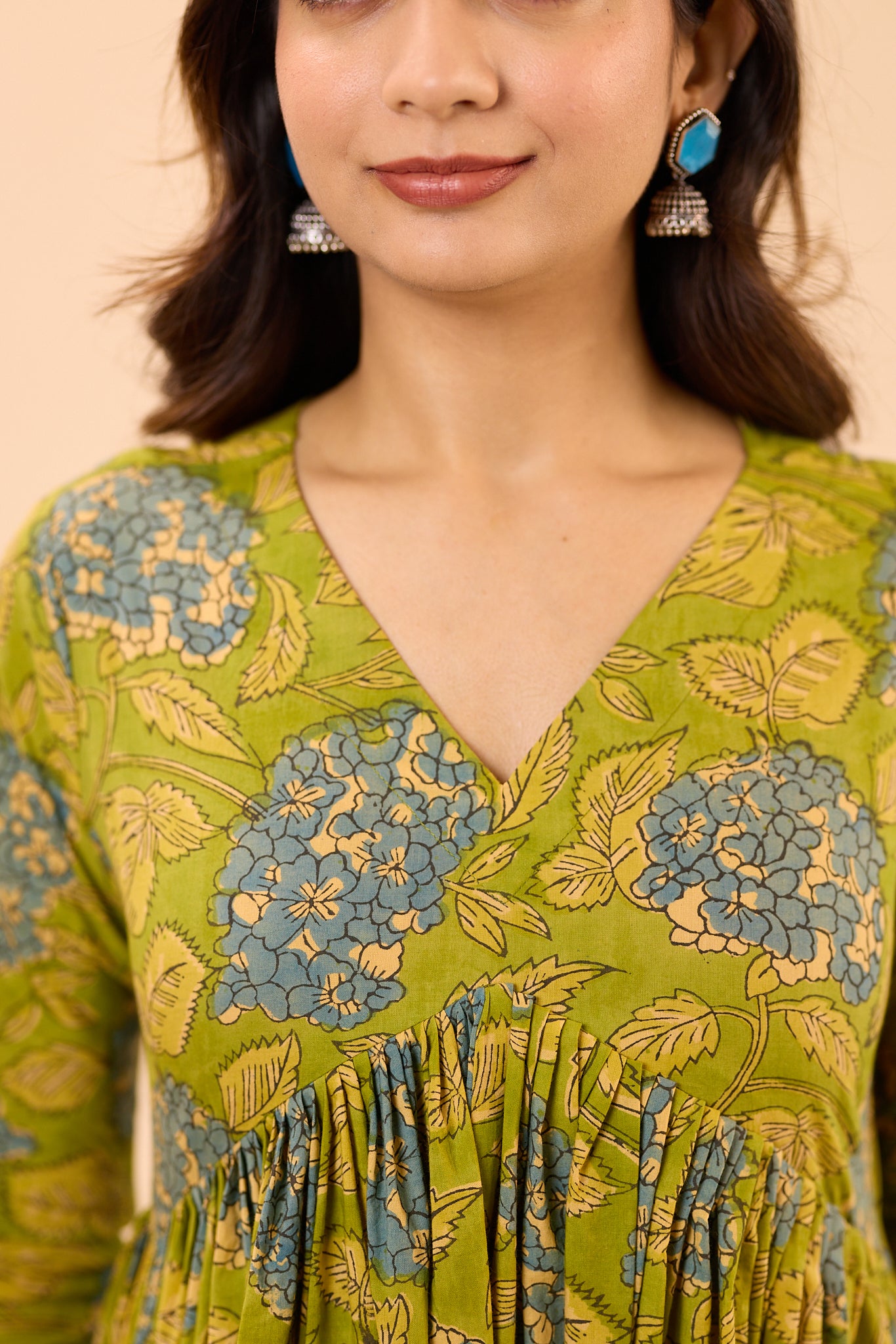 Leafy green with Blue Floral Printed Alia Cut Cotton Suit Set