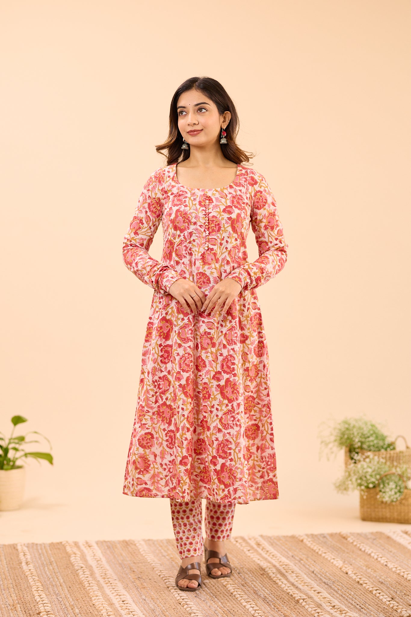 Red and White Floral Fit and Flare Cotton Salwar Suit Set