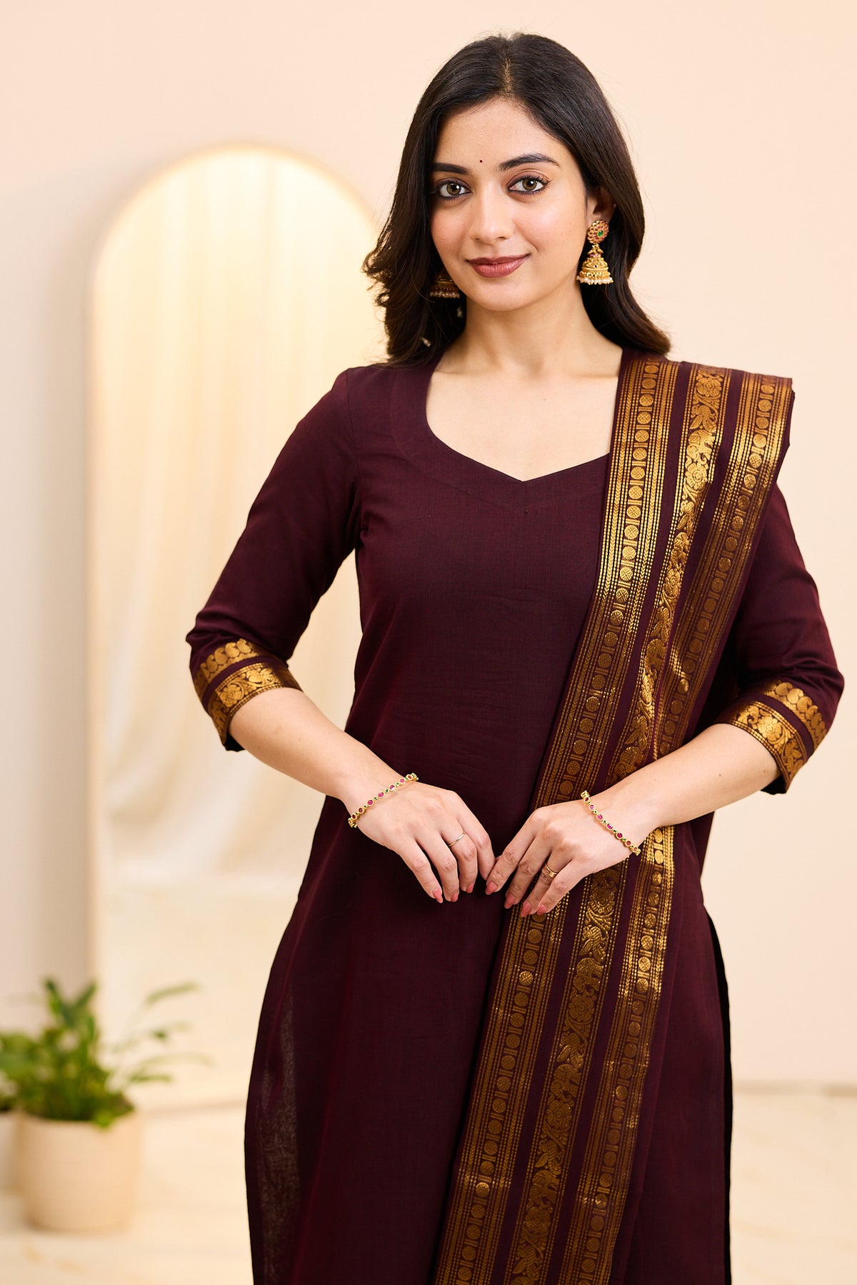 Toffee Brown Chettinad Cotton Top and Dupatta