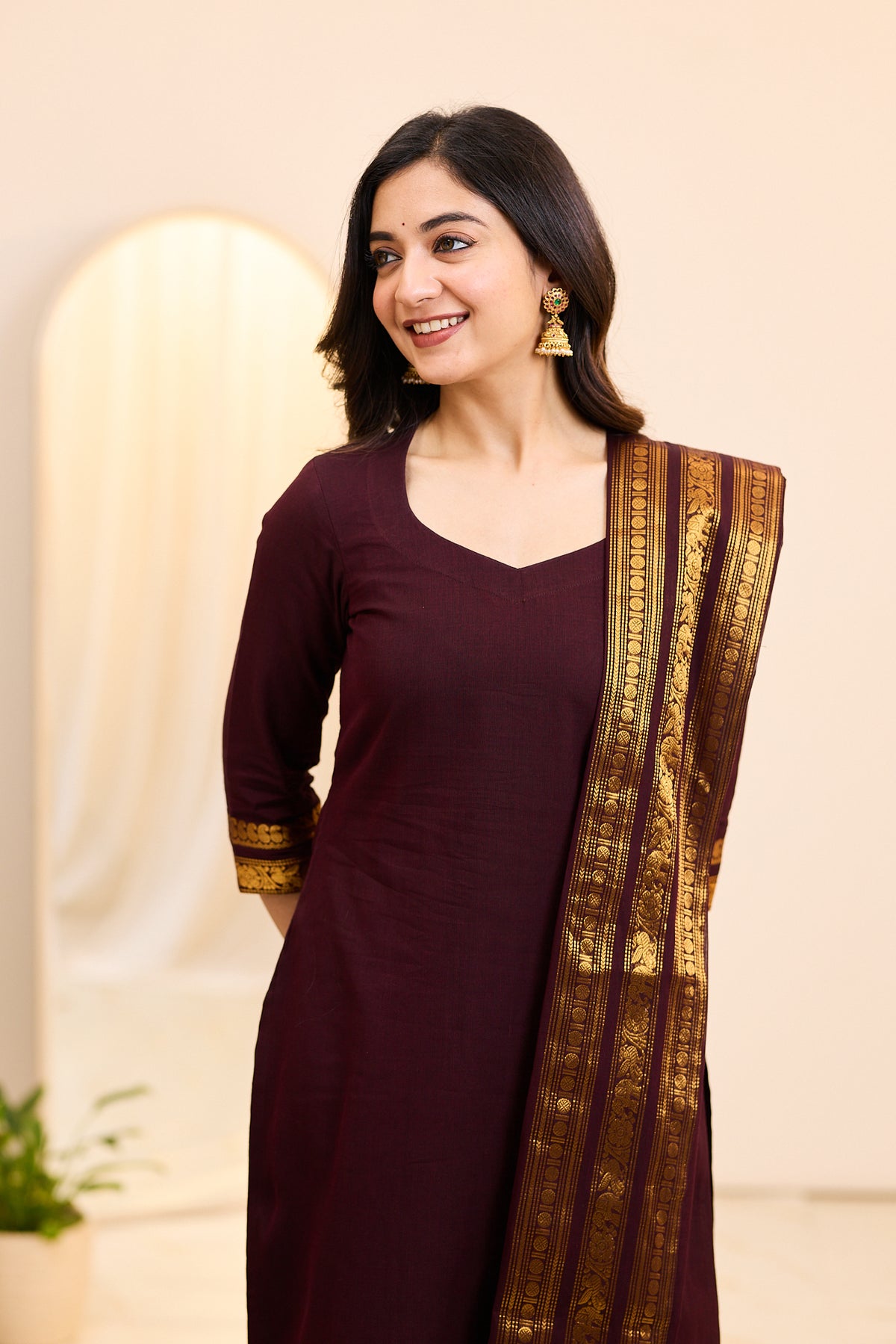Toffee Brown Chettinad Cotton Top and Dupatta