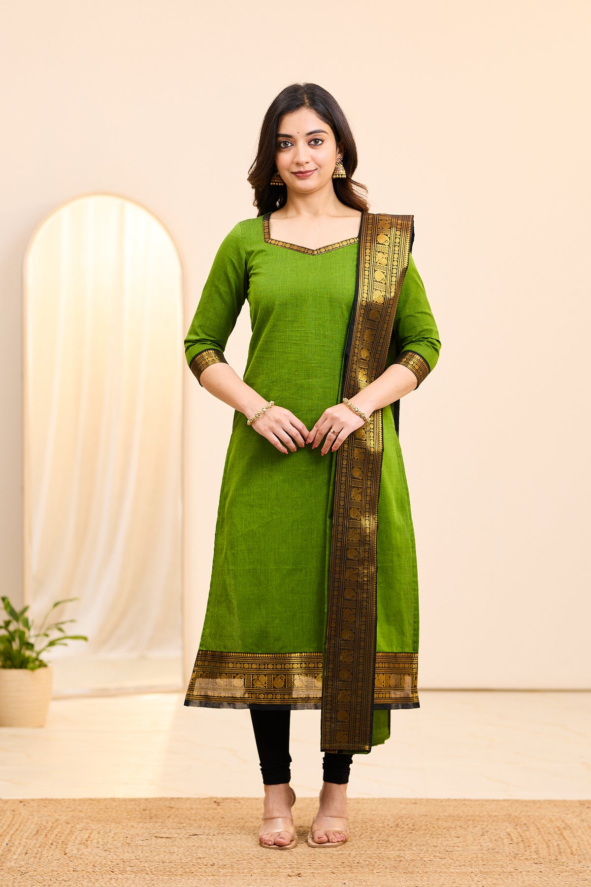 Fresh Green Chettinad Cotton Top and Dupatta