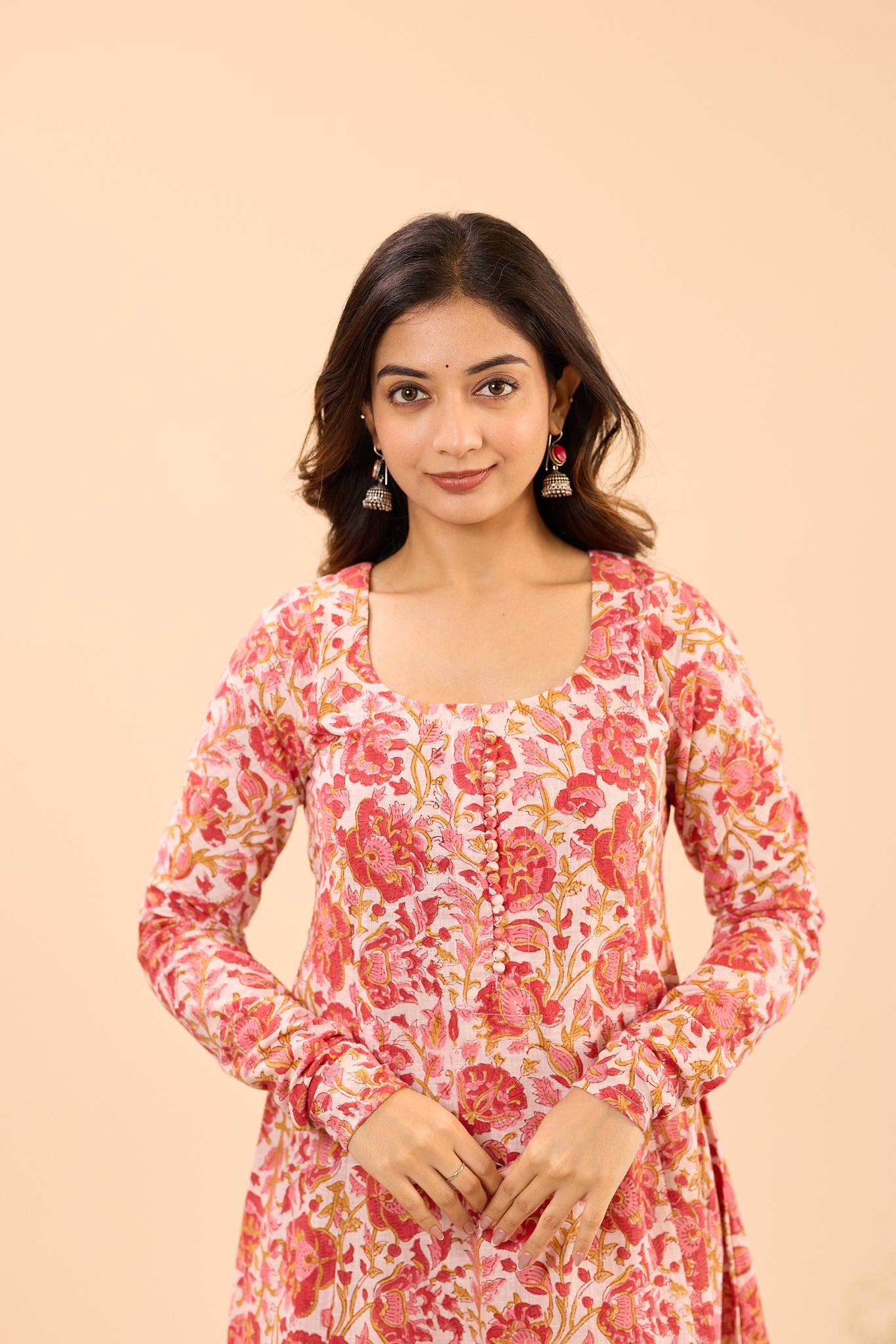 Red and White Floral Fit and Flare Cotton Salwar Suit Set