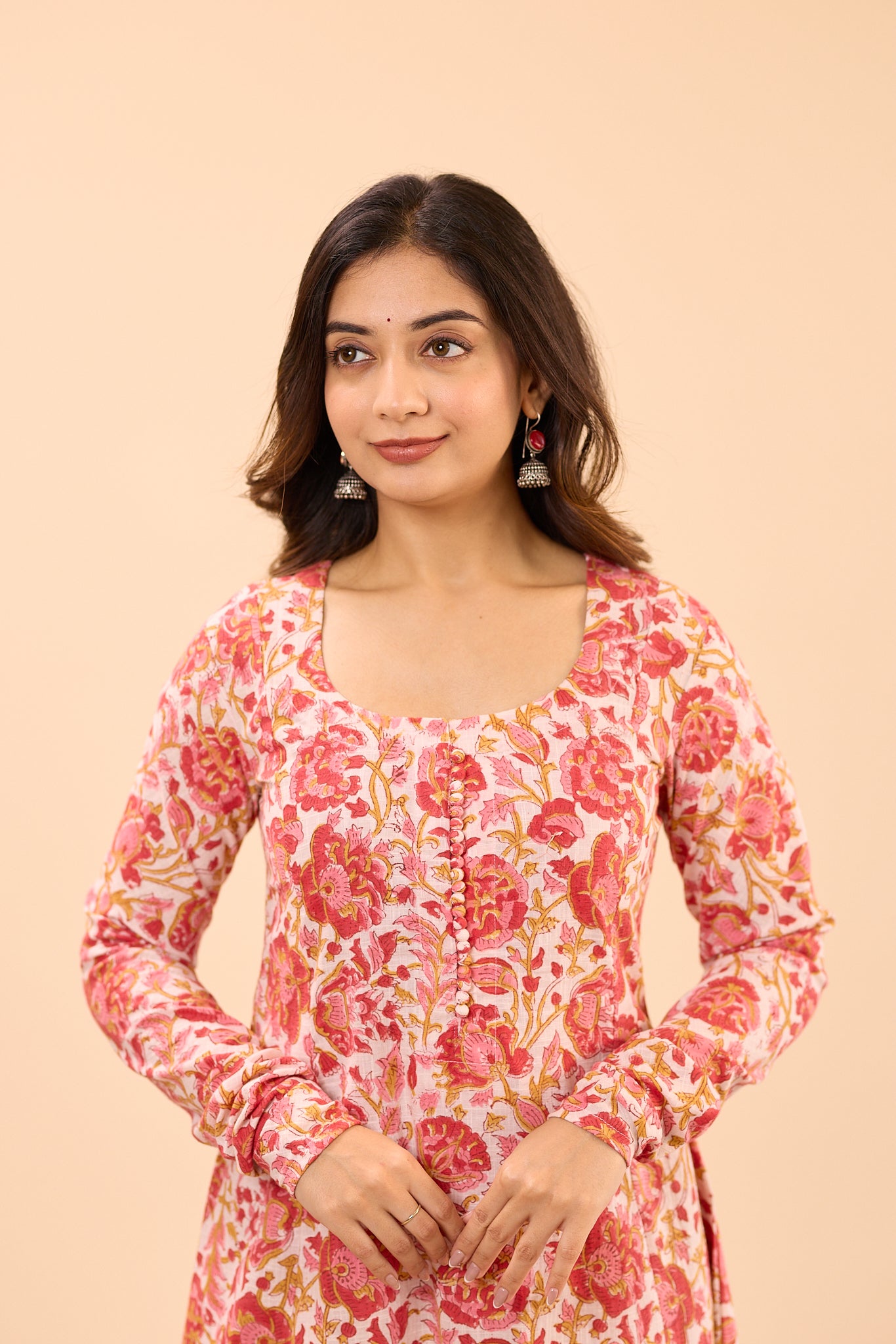 Red and White Floral Fit and Flare Cotton Salwar Suit Set