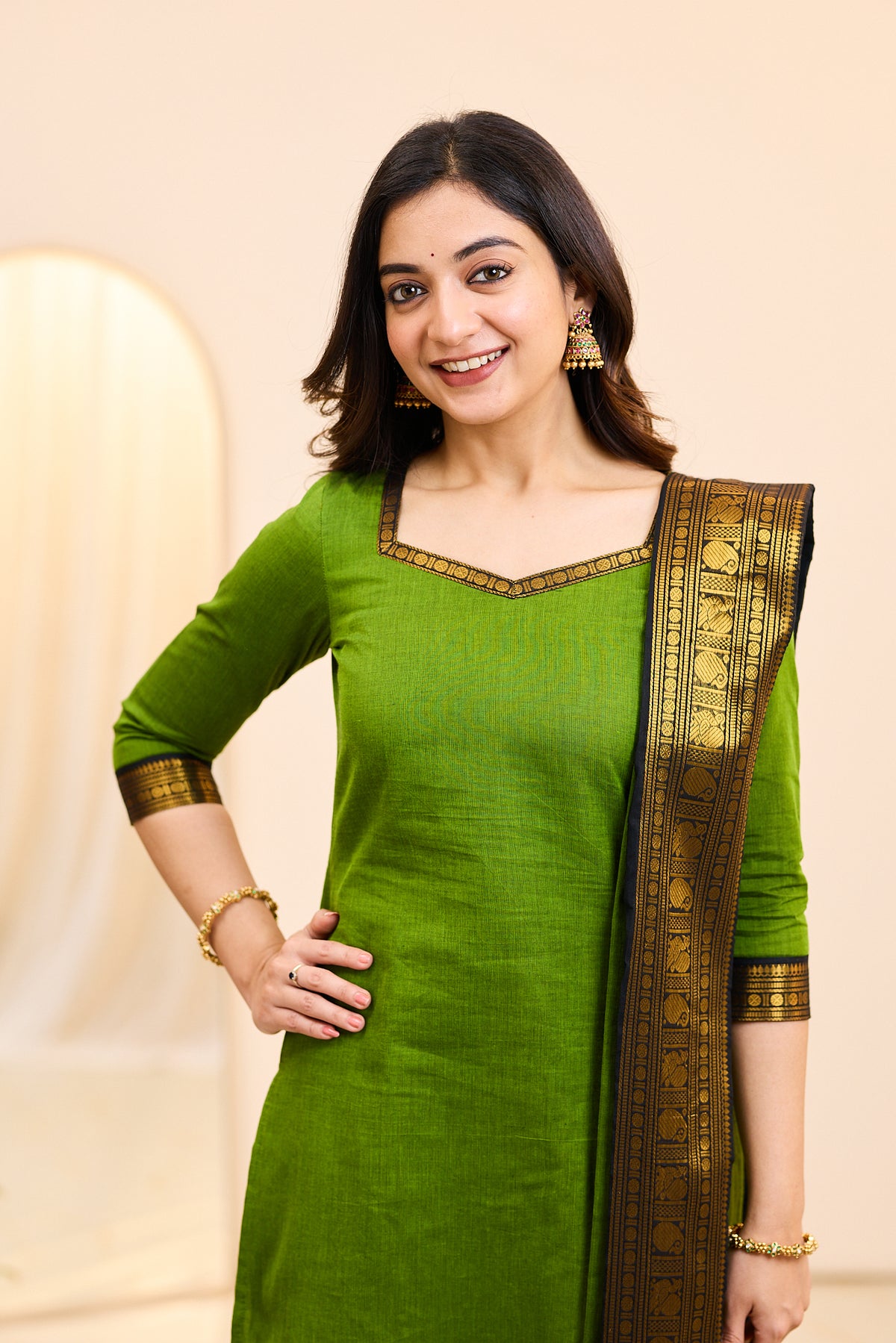 Fresh Green Chettinad Cotton Top and Dupatta