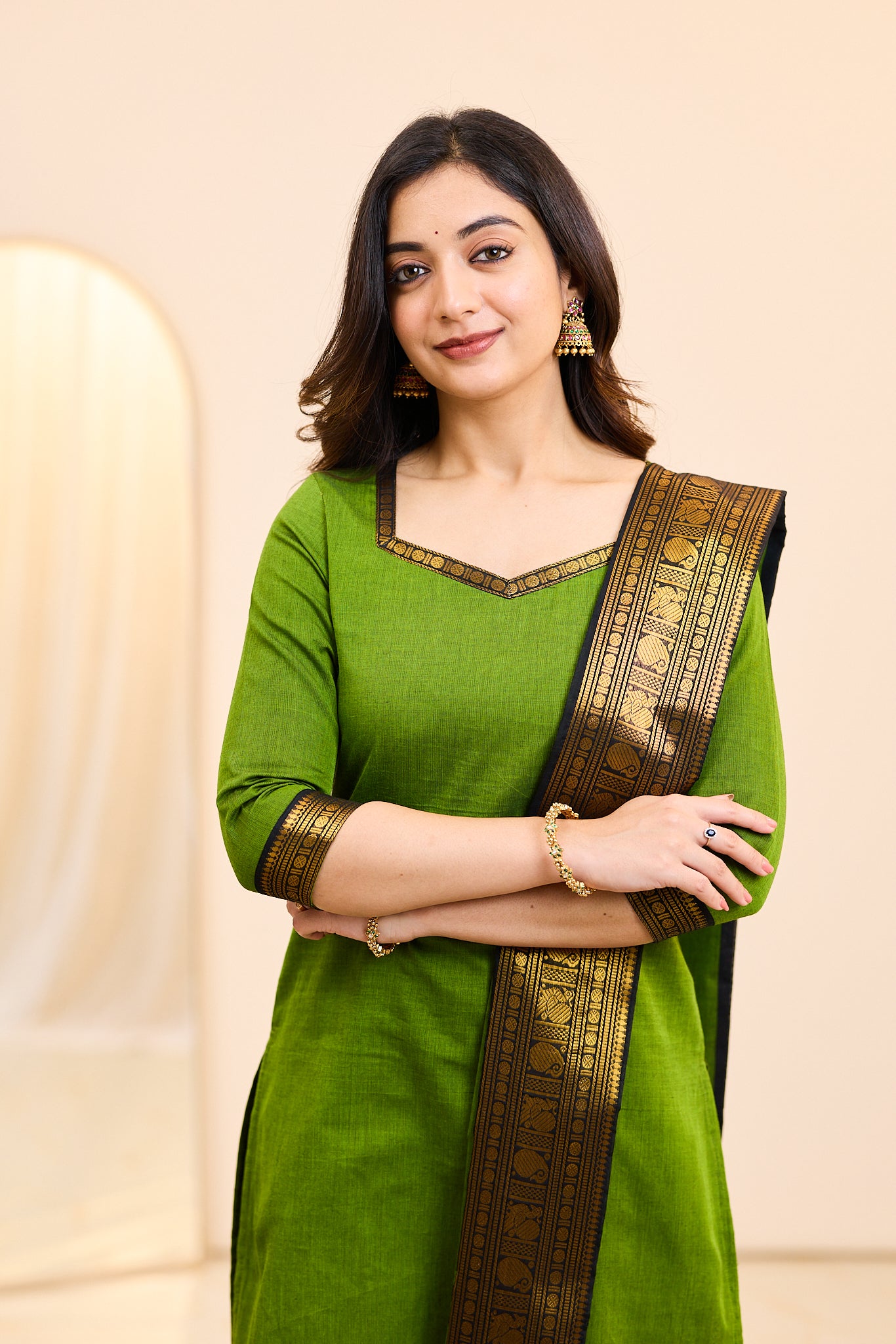 Fresh Green Chettinad Cotton Top and Dupatta