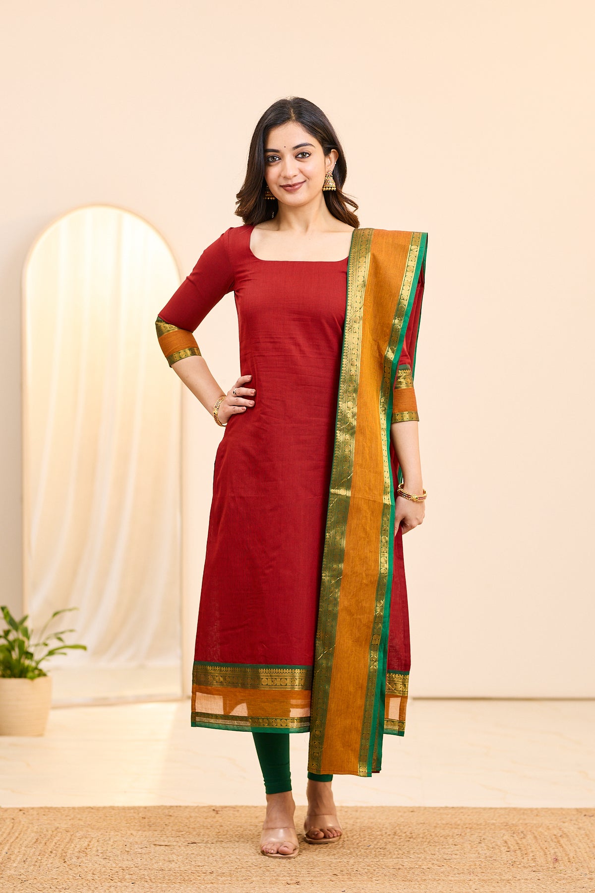 Pomegranate Red Chettinad Cotton Top and Dupatta
