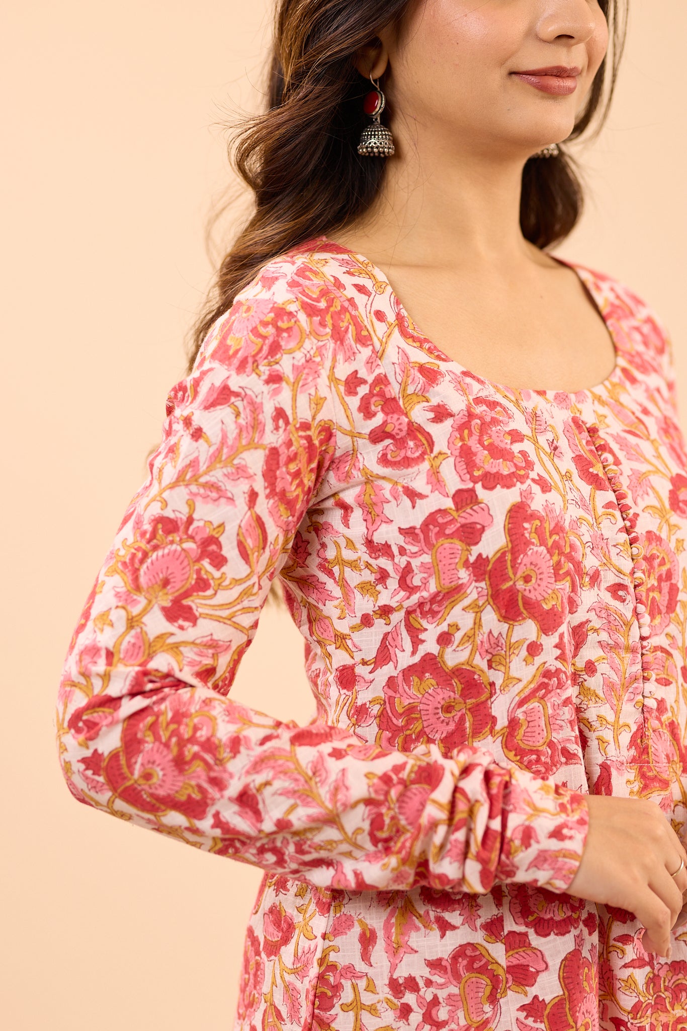 Red and White Floral Fit and Flare Cotton Salwar Suit Set