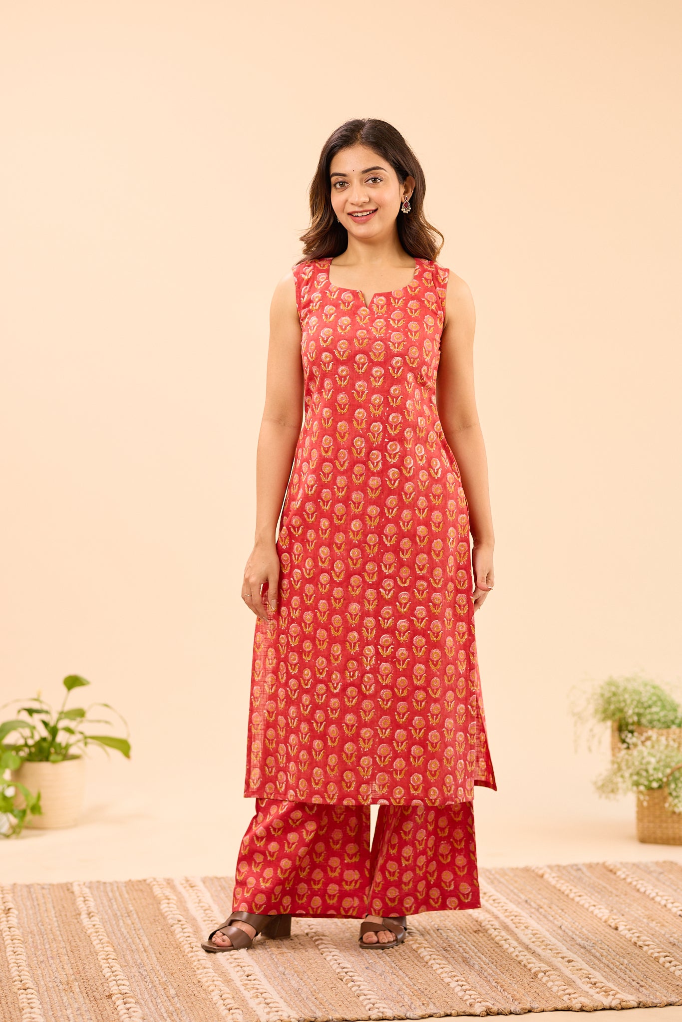 Cherry Red With Yellow Floral Printed Sleeve-less Cotton Co-ord Set