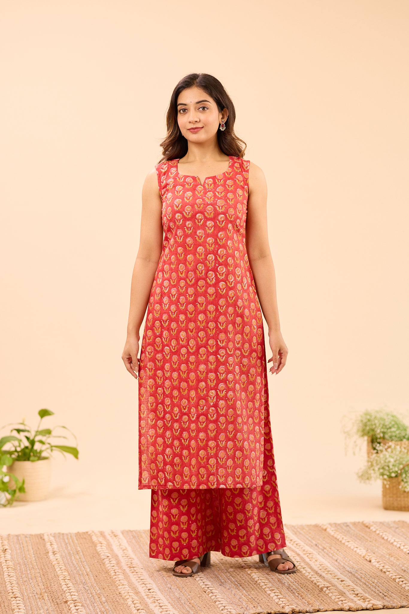 Cherry Red With Yellow Floral Printed Sleeve-less Cotton Co-ord Set