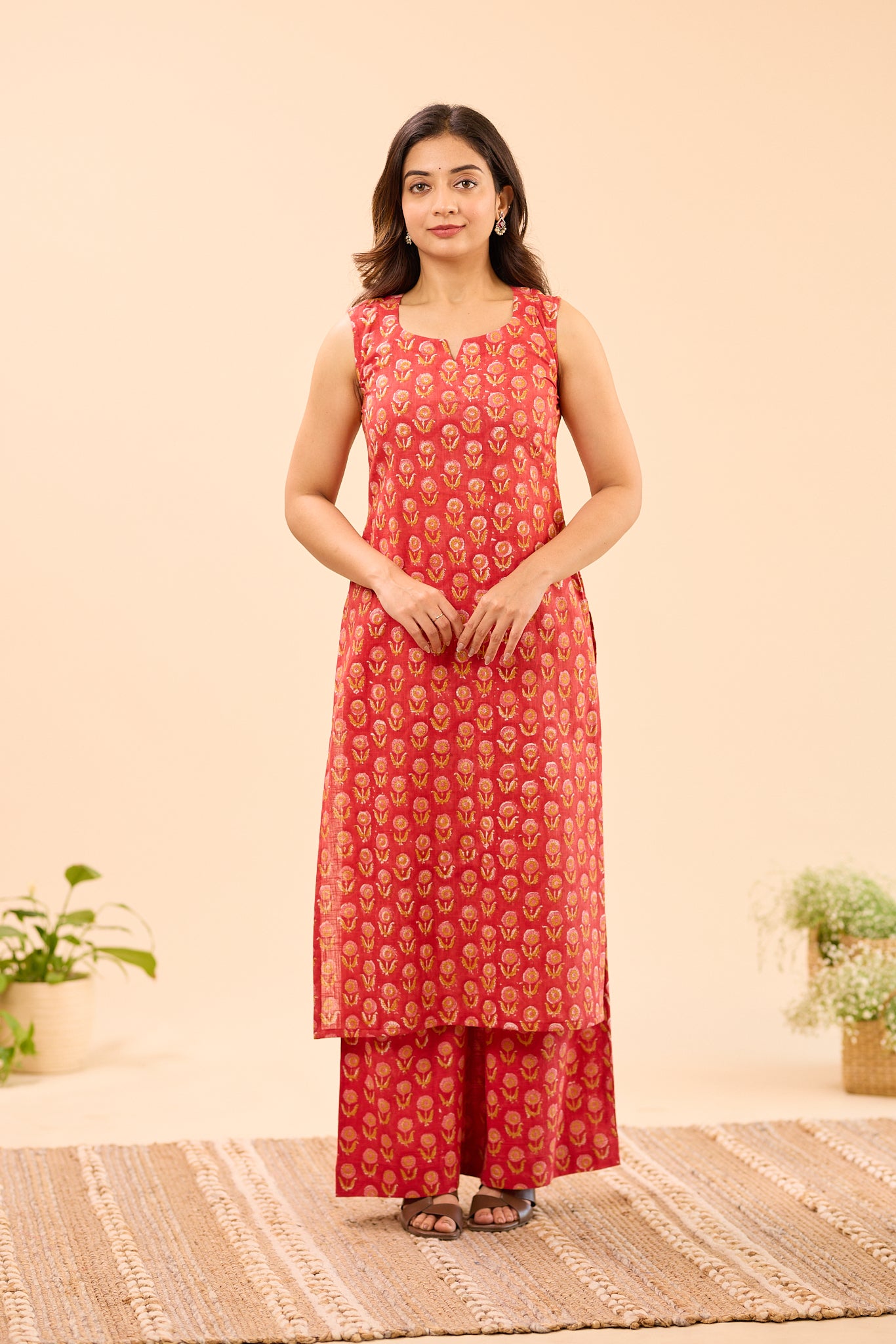 Cherry Red With Yellow Floral Printed Sleeve-less Cotton Co-ord Set