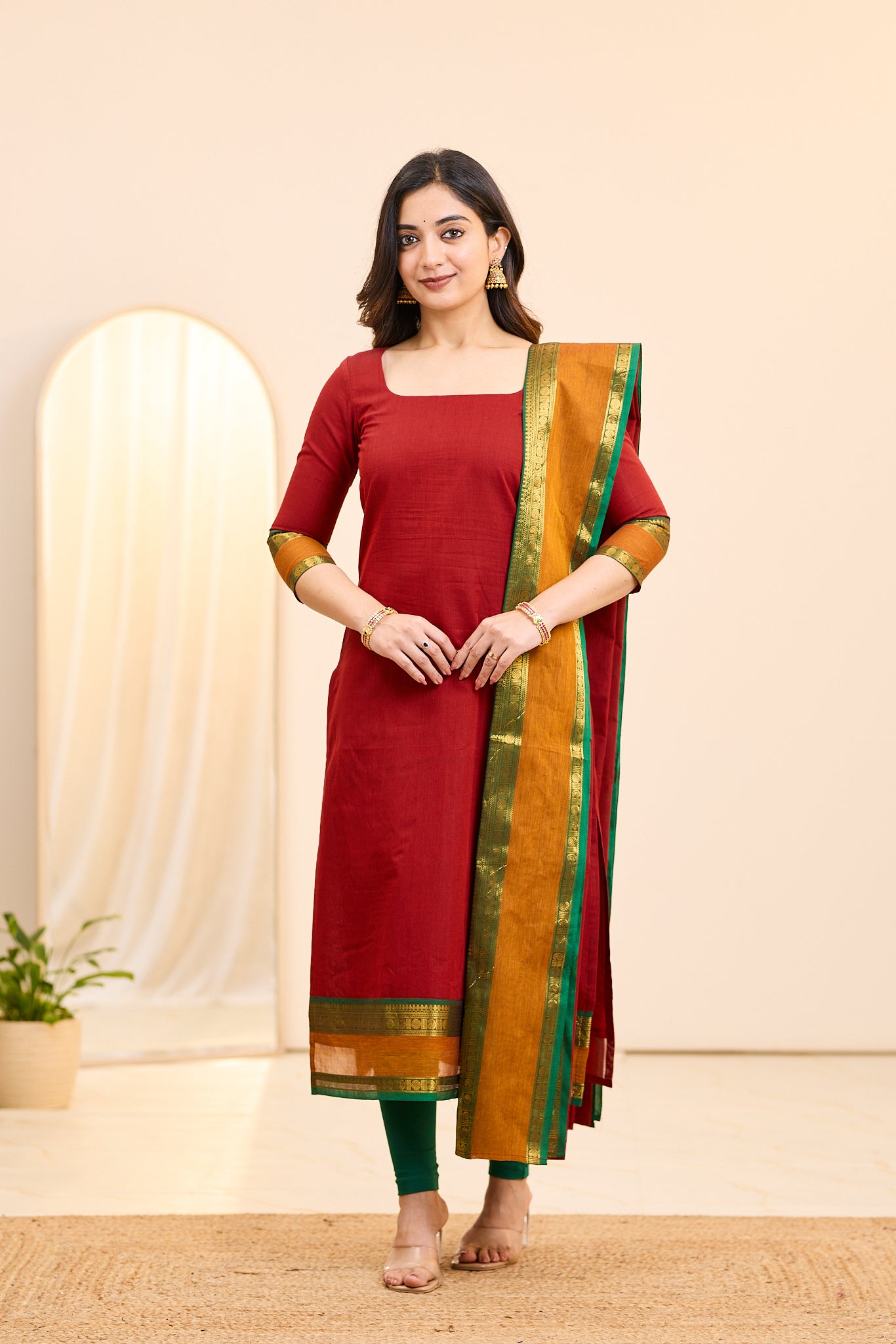 Pomegranate Red Chettinad Cotton Top and Dupatta