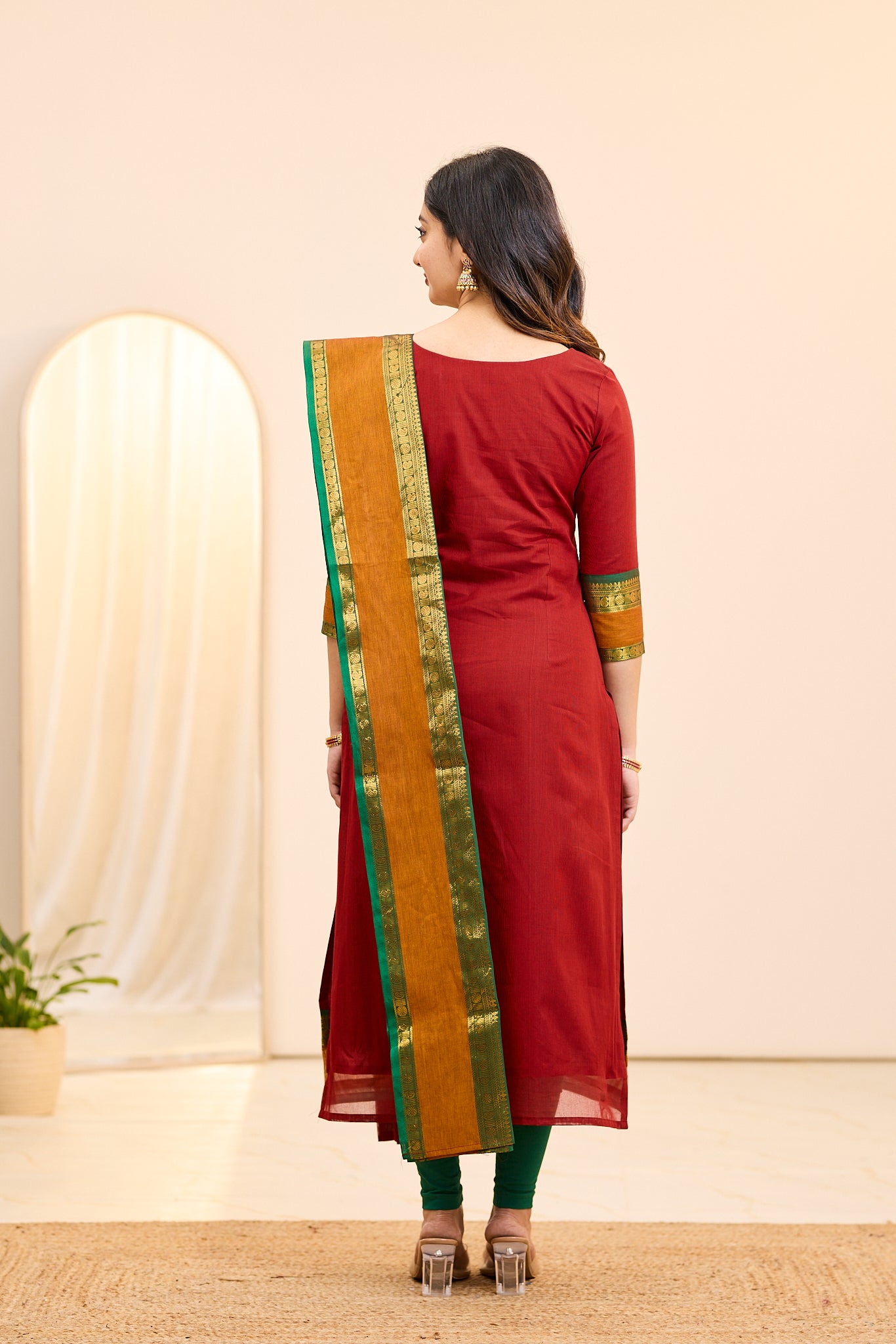 Pomegranate Red Chettinad Cotton Top and Dupatta
