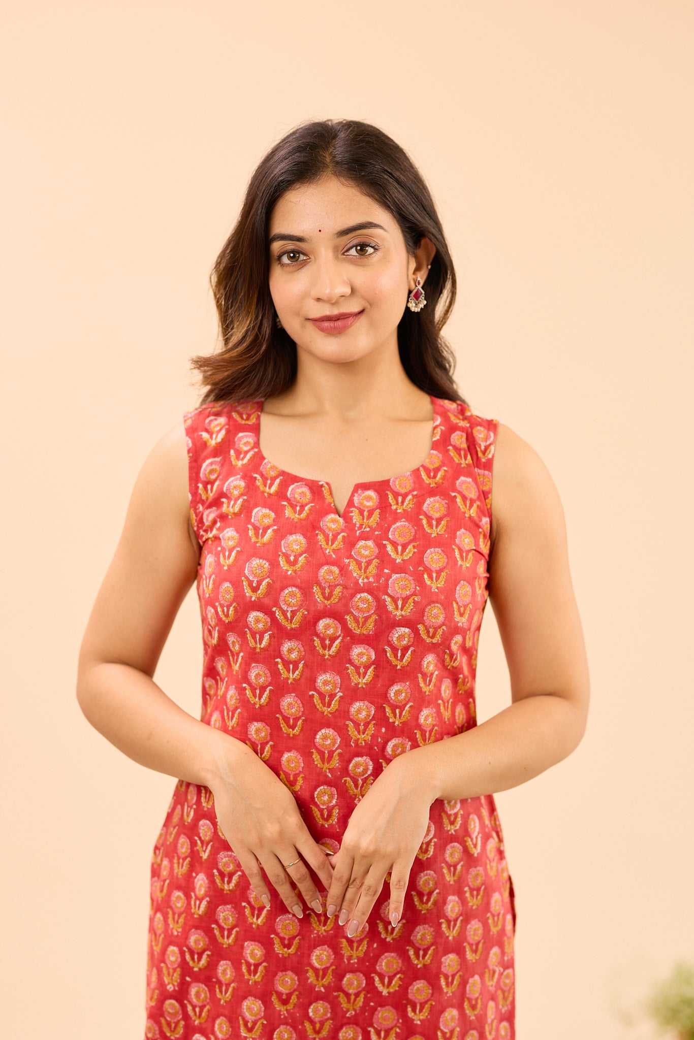 Cherry Red With Yellow Floral Printed Sleeve-less Cotton Co-ord Set