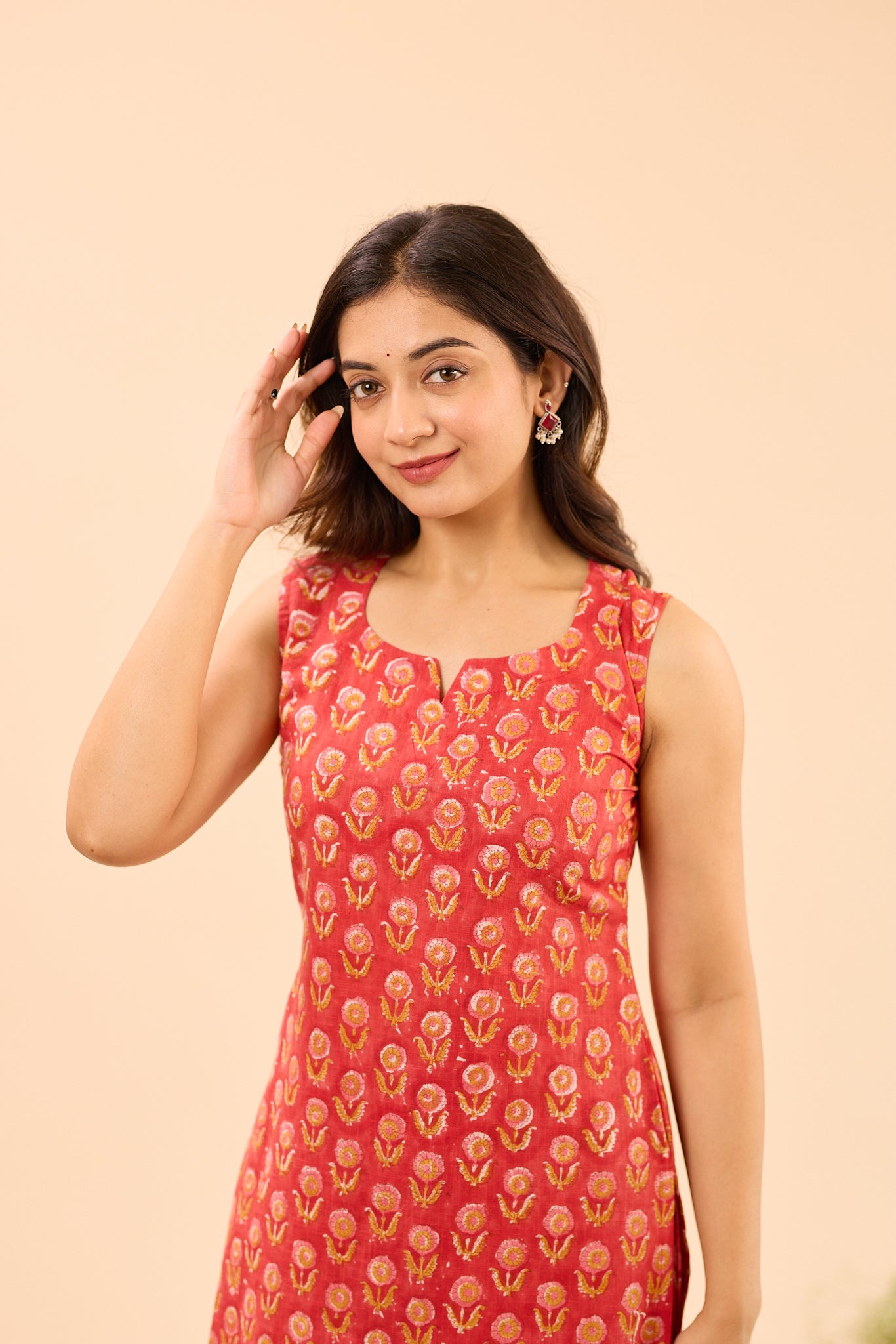 Cherry Red With Yellow Floral Printed Sleeve-less Cotton Co-ord Set