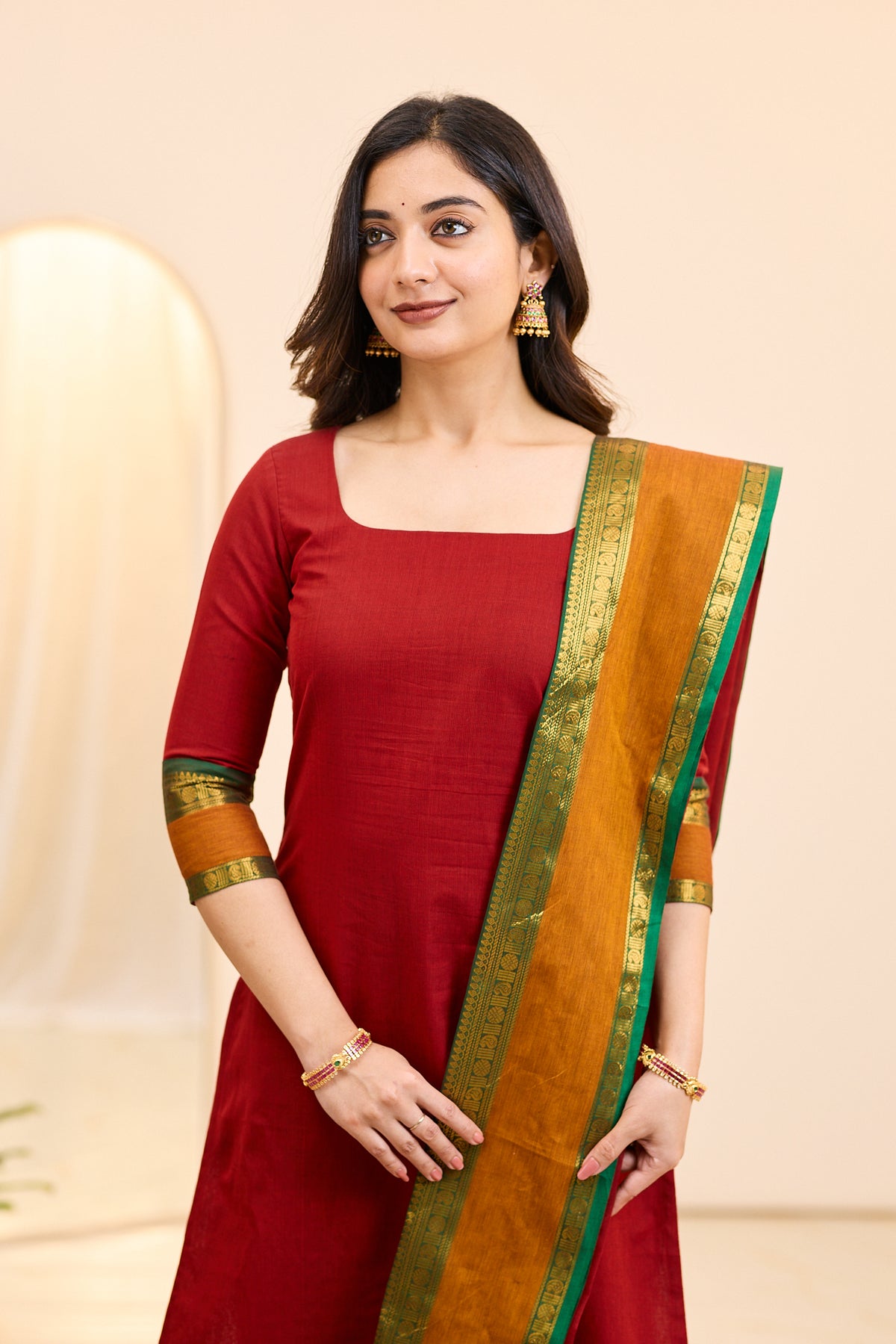 Pomegranate Red Chettinad Cotton Top and Dupatta