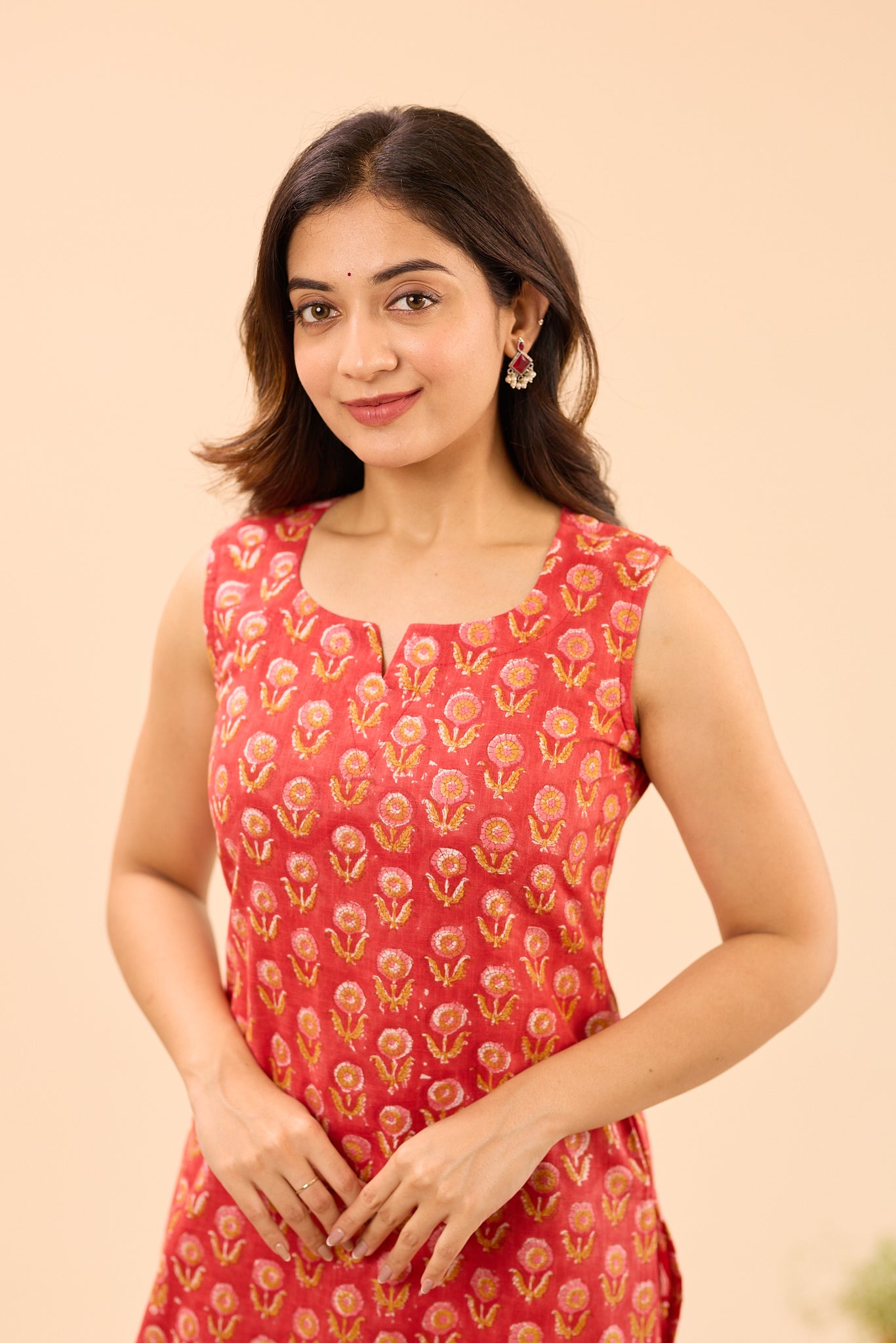 Cherry Red With Yellow Floral Printed Sleeve-less Cotton Co-ord Set