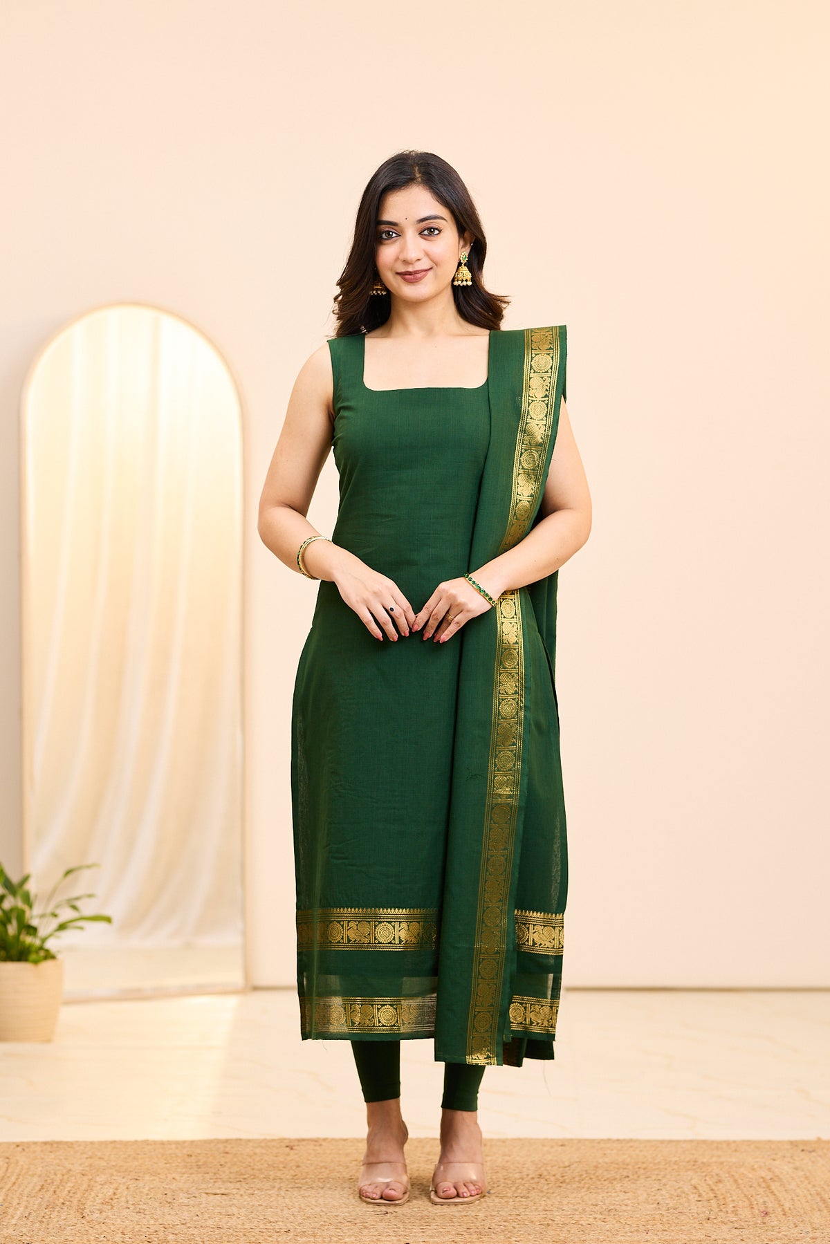 Emerald Green Chettinad Cotton Top and Dupatta