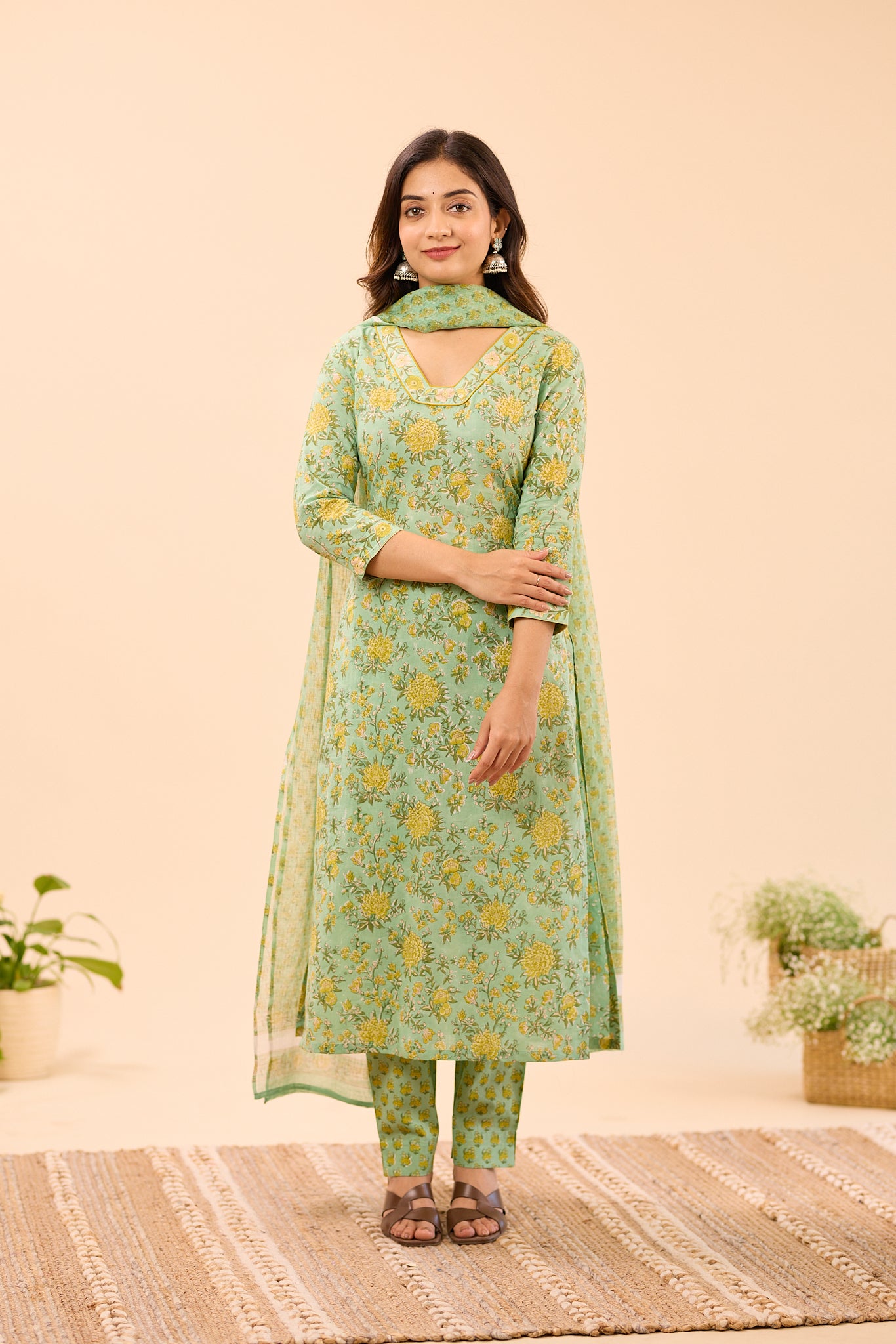Pastel Green with Mustard Floral Printed Cotton Salwar Suit Set