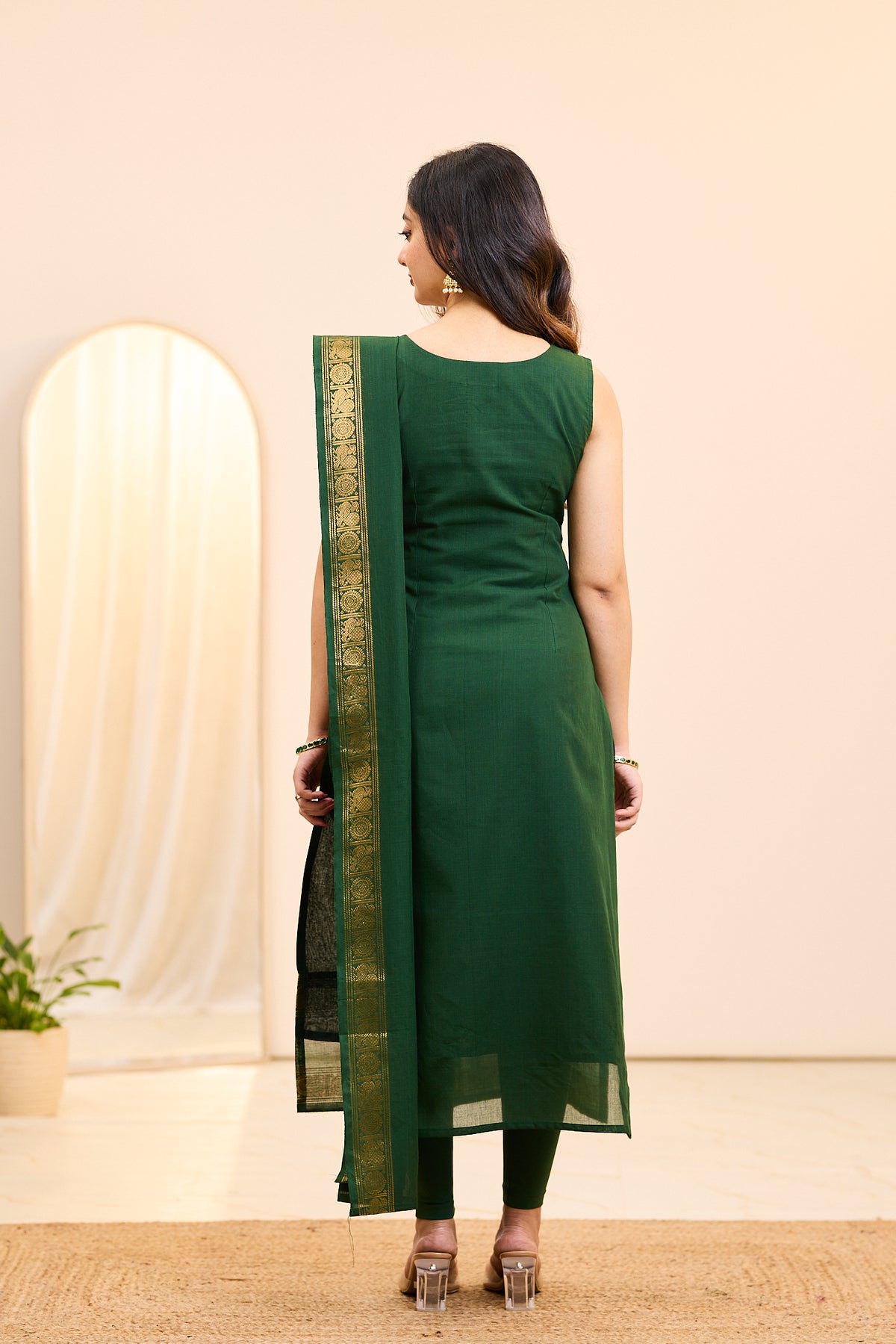 Emerald Green Chettinad Cotton Top and Dupatta
