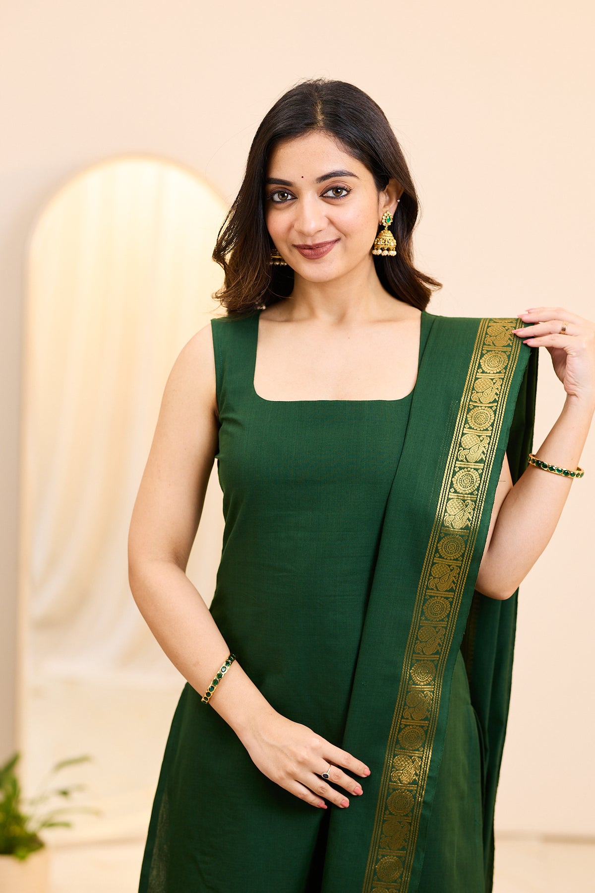 Emerald Green Chettinad Cotton Top and Dupatta