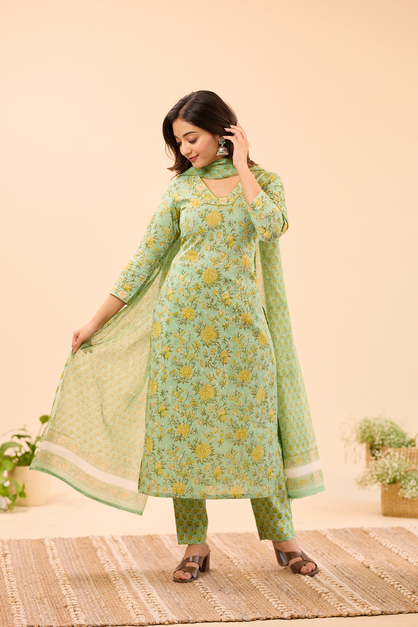 Pastel Green with Mustard Floral Printed Kota Dupatta