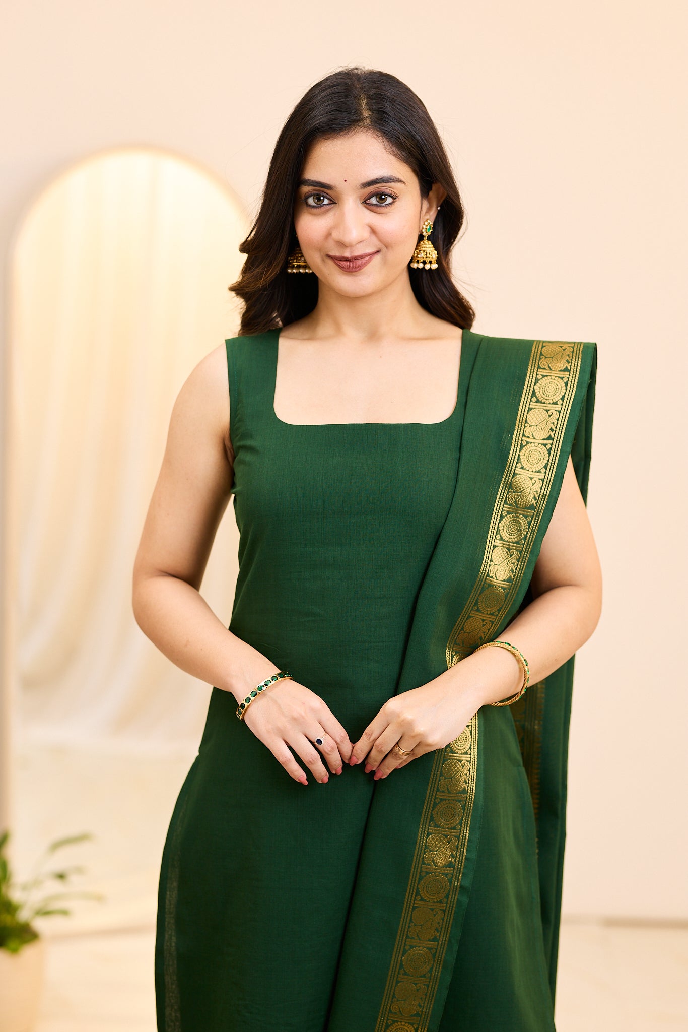 Emerald Green Chettinad Cotton Top and Dupatta