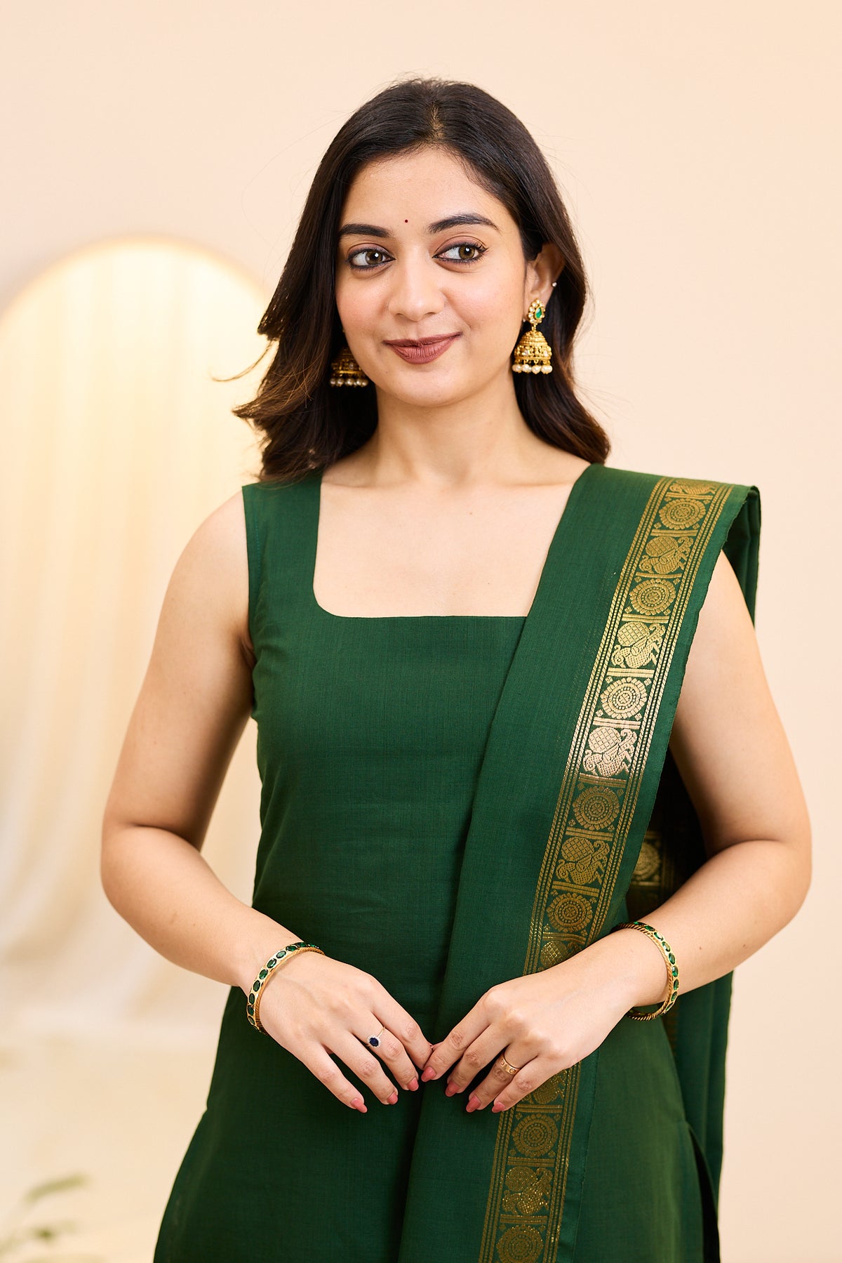 Emerald Green Chettinad Cotton Top and Dupatta
