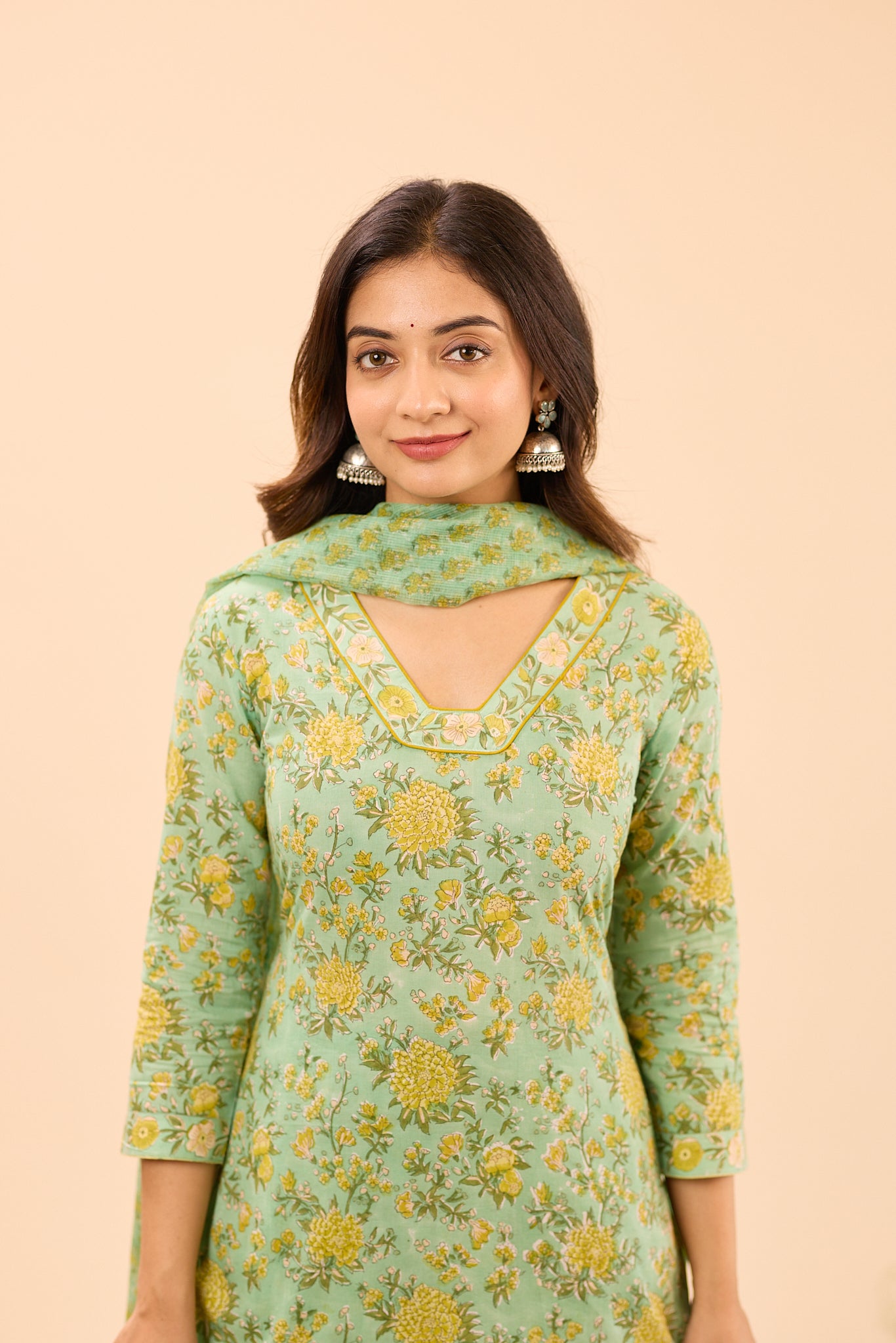 Pastel Green with Mustard Floral Printed Cotton Salwar Suit Set