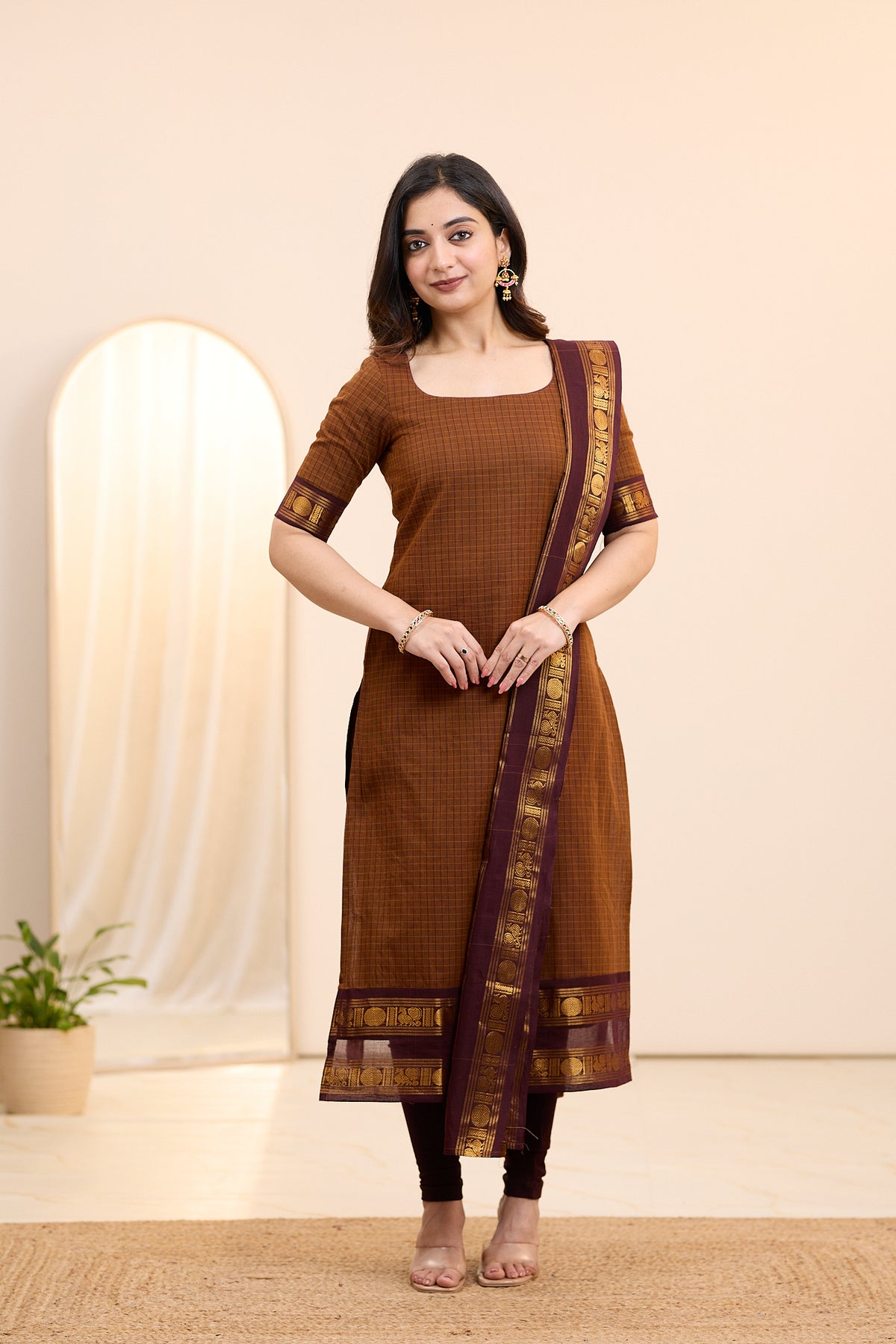 Sparkling Brown Chettinad Cotton Top and Dupatta