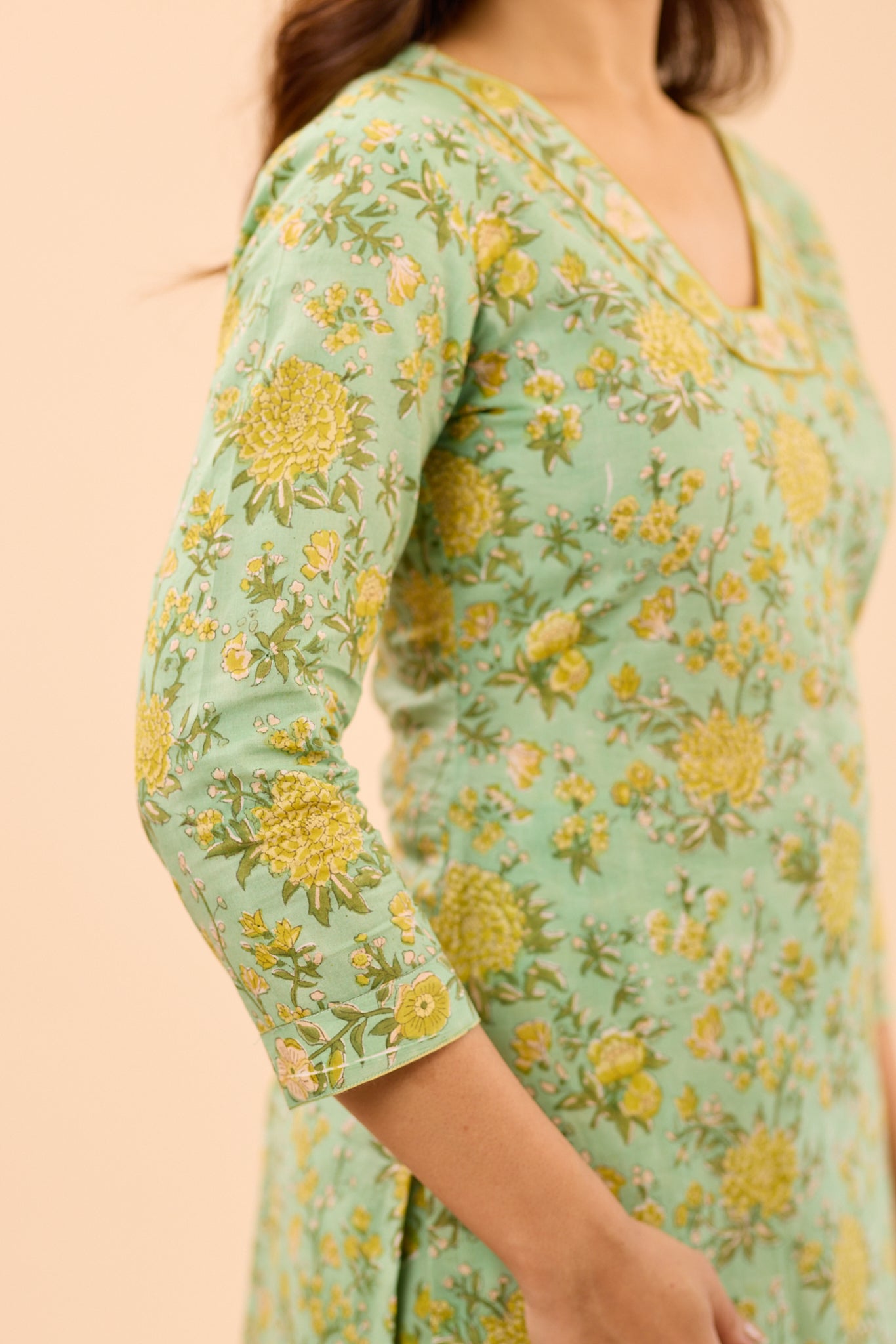 Pastel Green with Mustard Floral Printed Cotton Salwar Suit Set