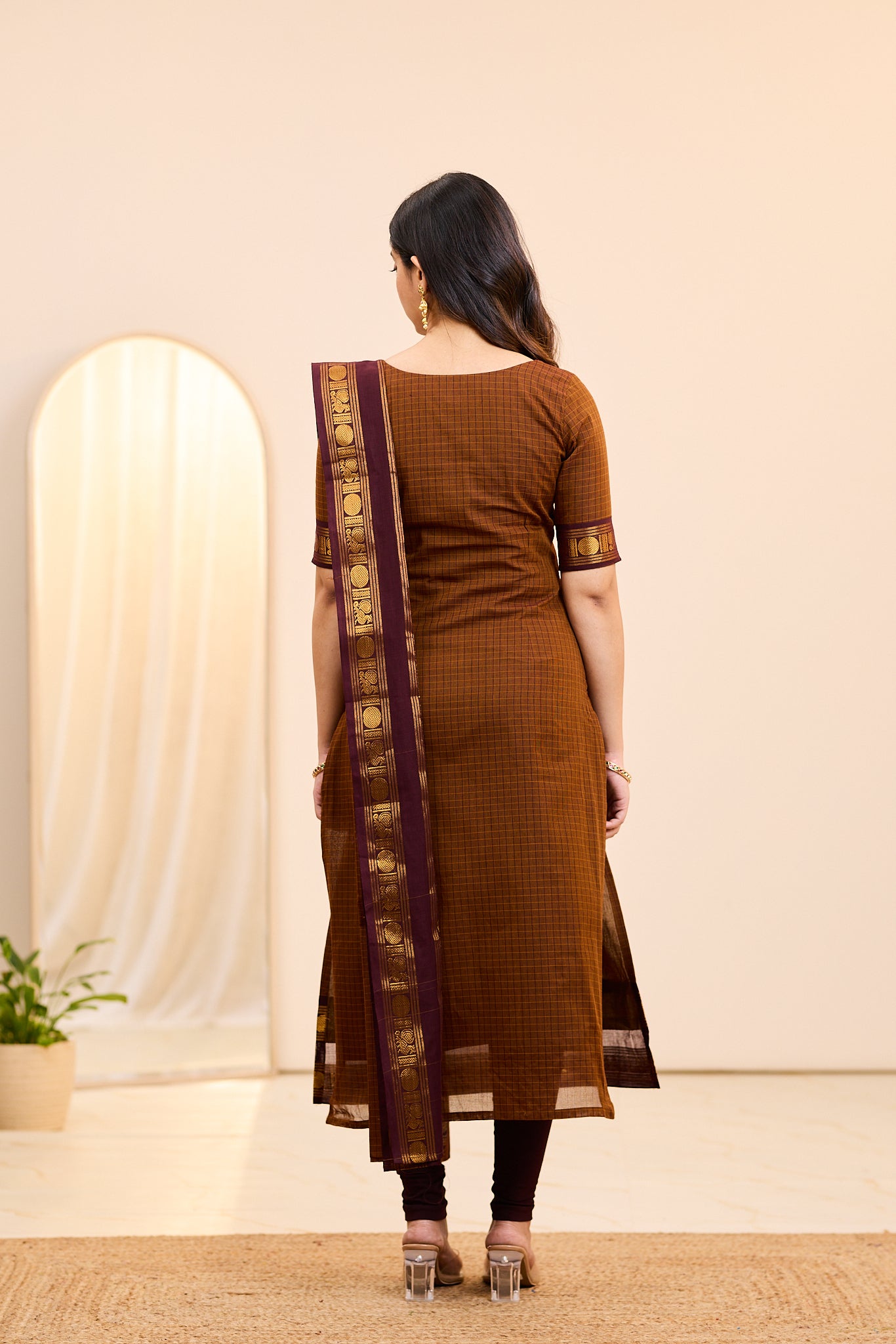 Sparkling Brown Chettinad Cotton Top and Dupatta