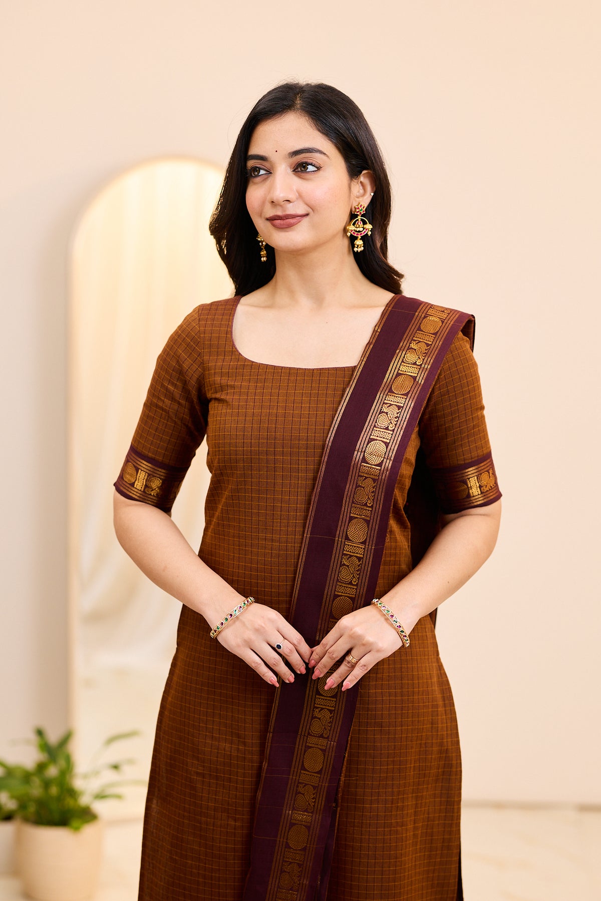 Sparkling Brown Chettinad Cotton Top and Dupatta
