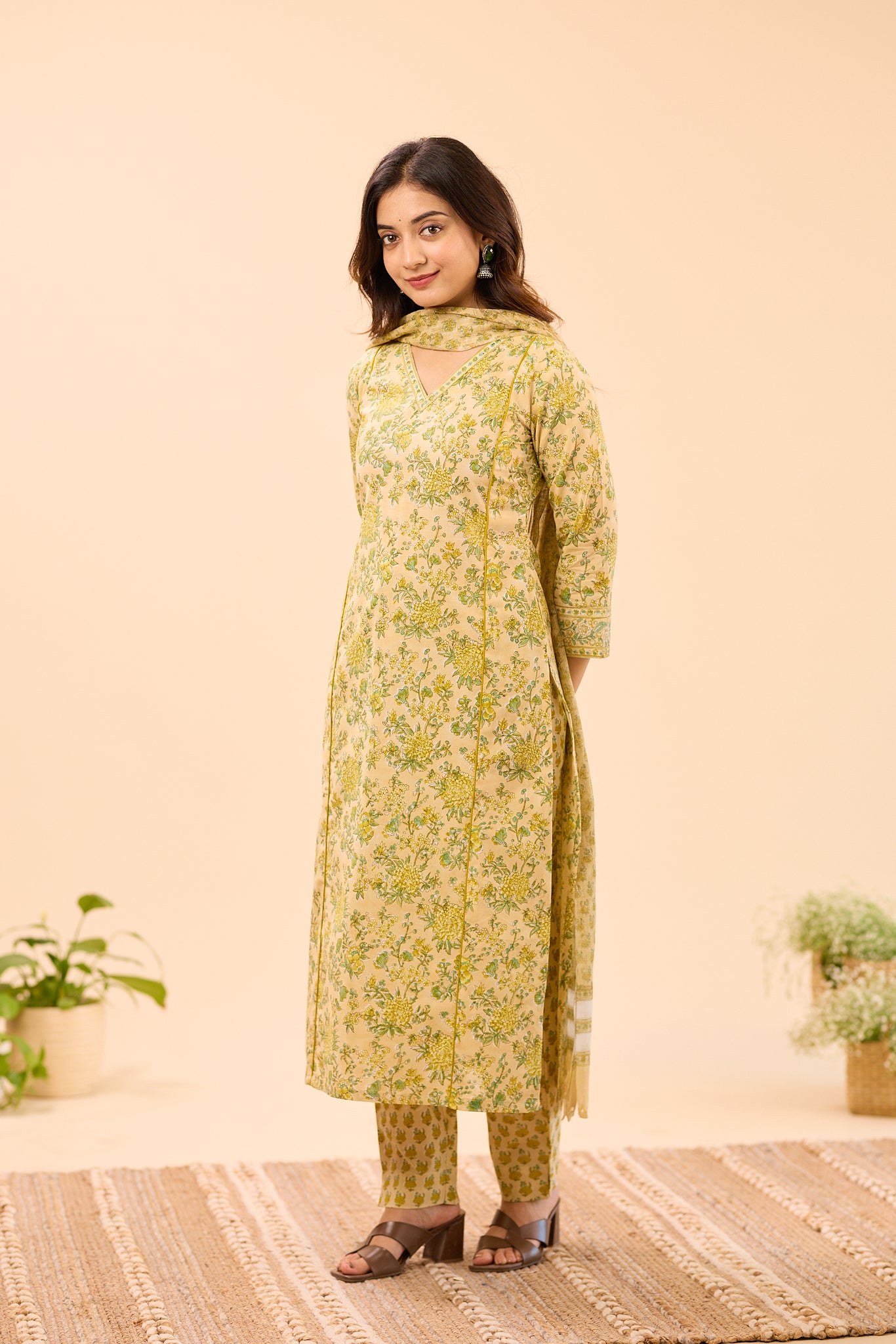 Creamy Half- White with Green Floral Printed Cotton Salwar Suit Set