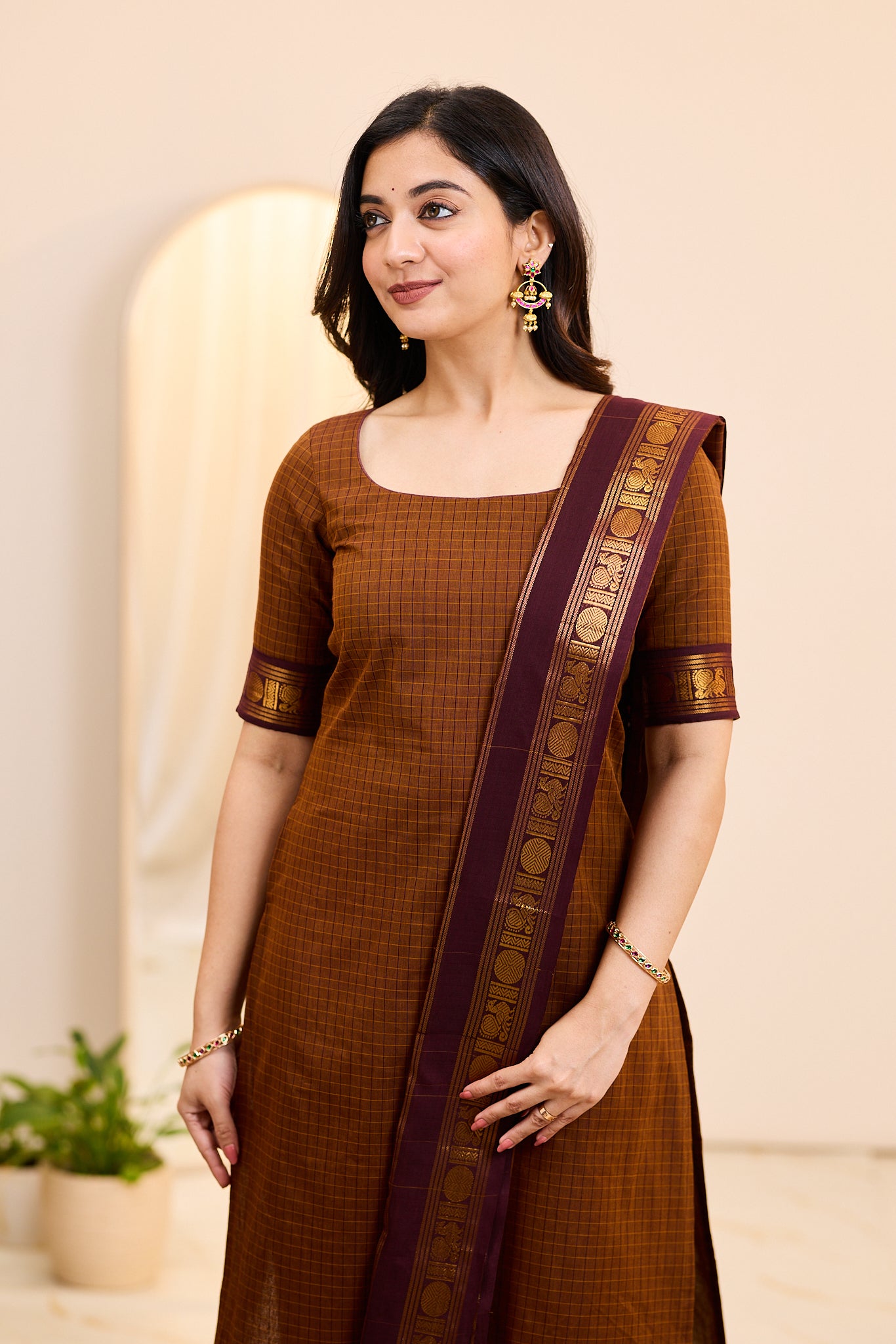 Sparkling Brown Chettinad Cotton Top and Dupatta