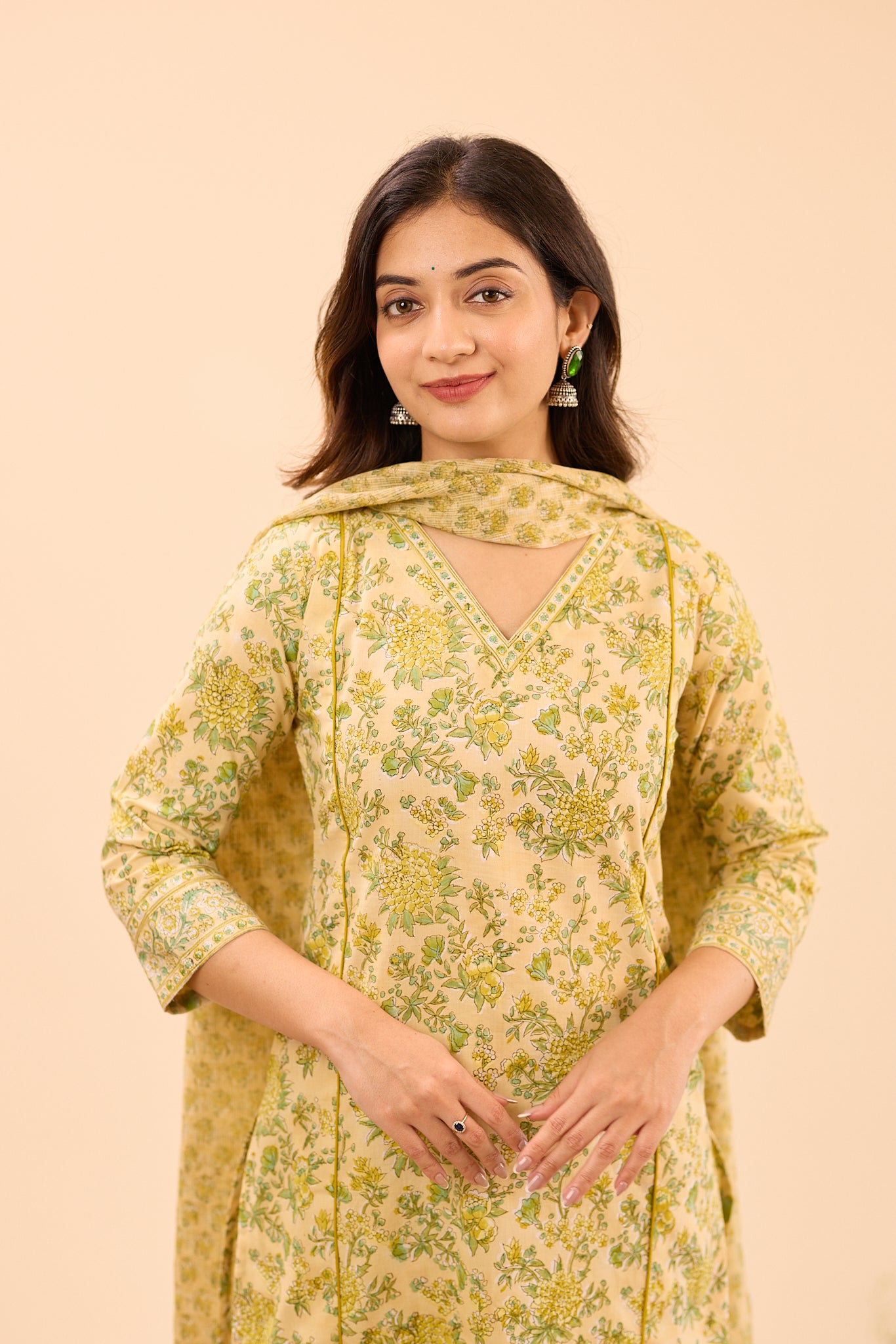 Creamy Half- White with Green Floral Printed Cotton Salwar Suit Set