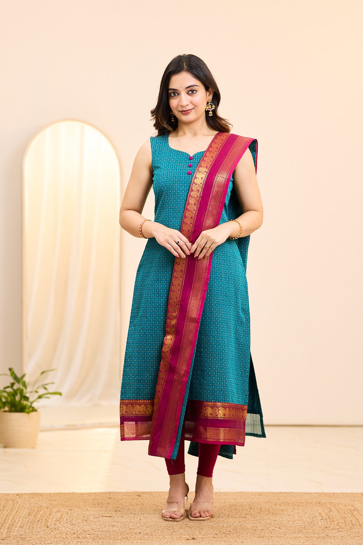 Oceanic Blue Chettinad Cotton Top and Dupatta