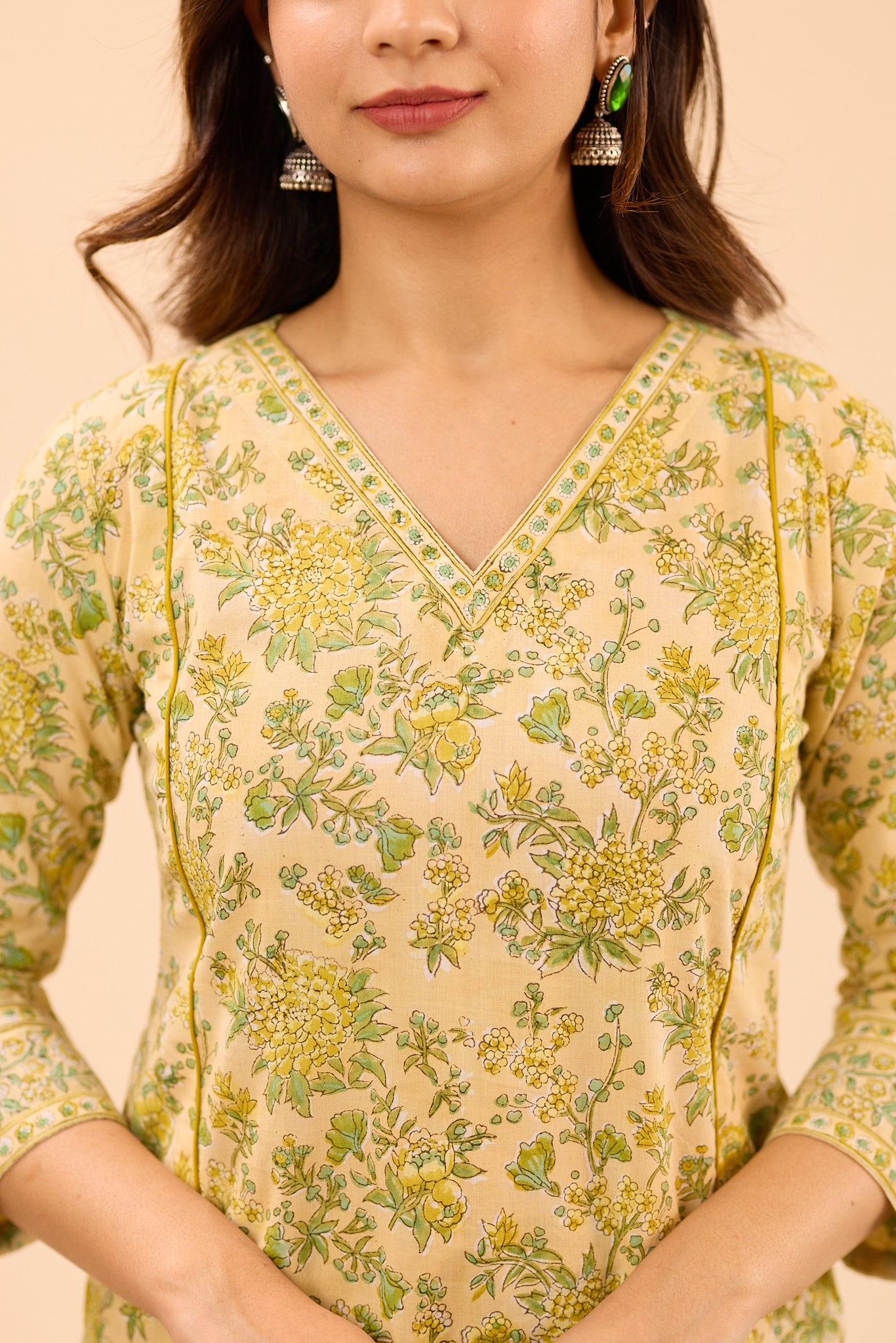 Creamy Half- White with Green Floral Printed Cotton Salwar Suit Set