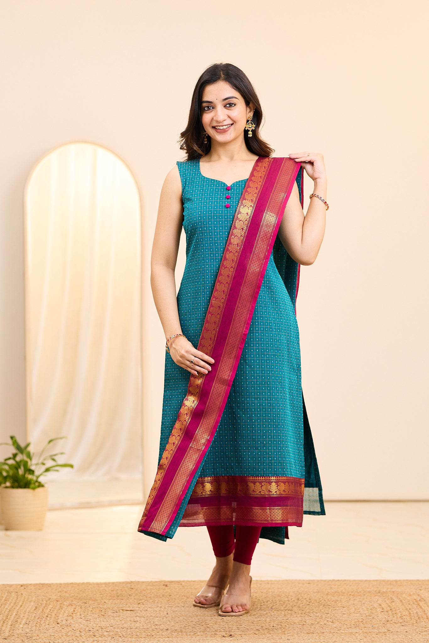 Oceanic Blue Chettinad Cotton Top and Dupatta