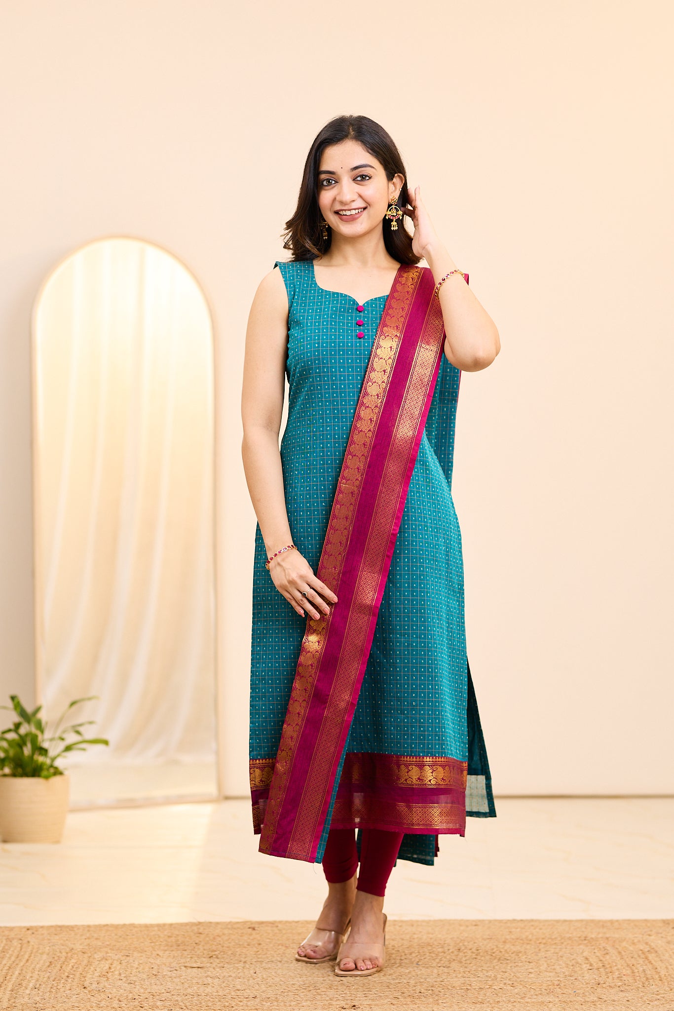 Oceanic Blue Chettinad Cotton Top and Dupatta