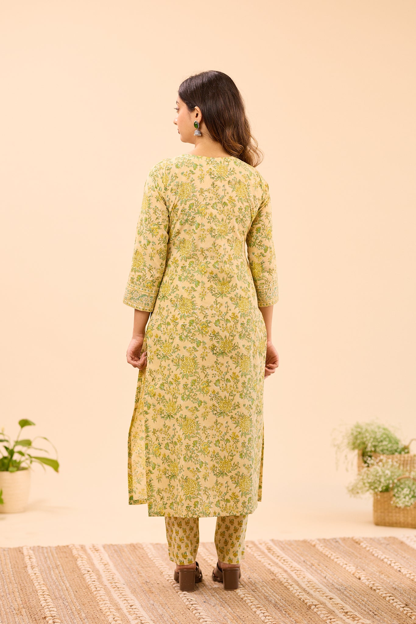 Creamy Half- White with Green Floral Printed Cotton Salwar Suit Set