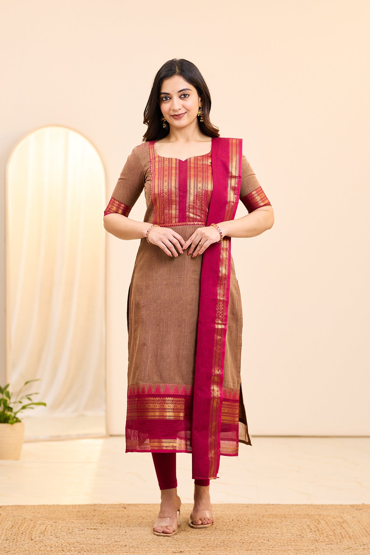 Brown and Pink Chettinad Cotton Top and Dupatta