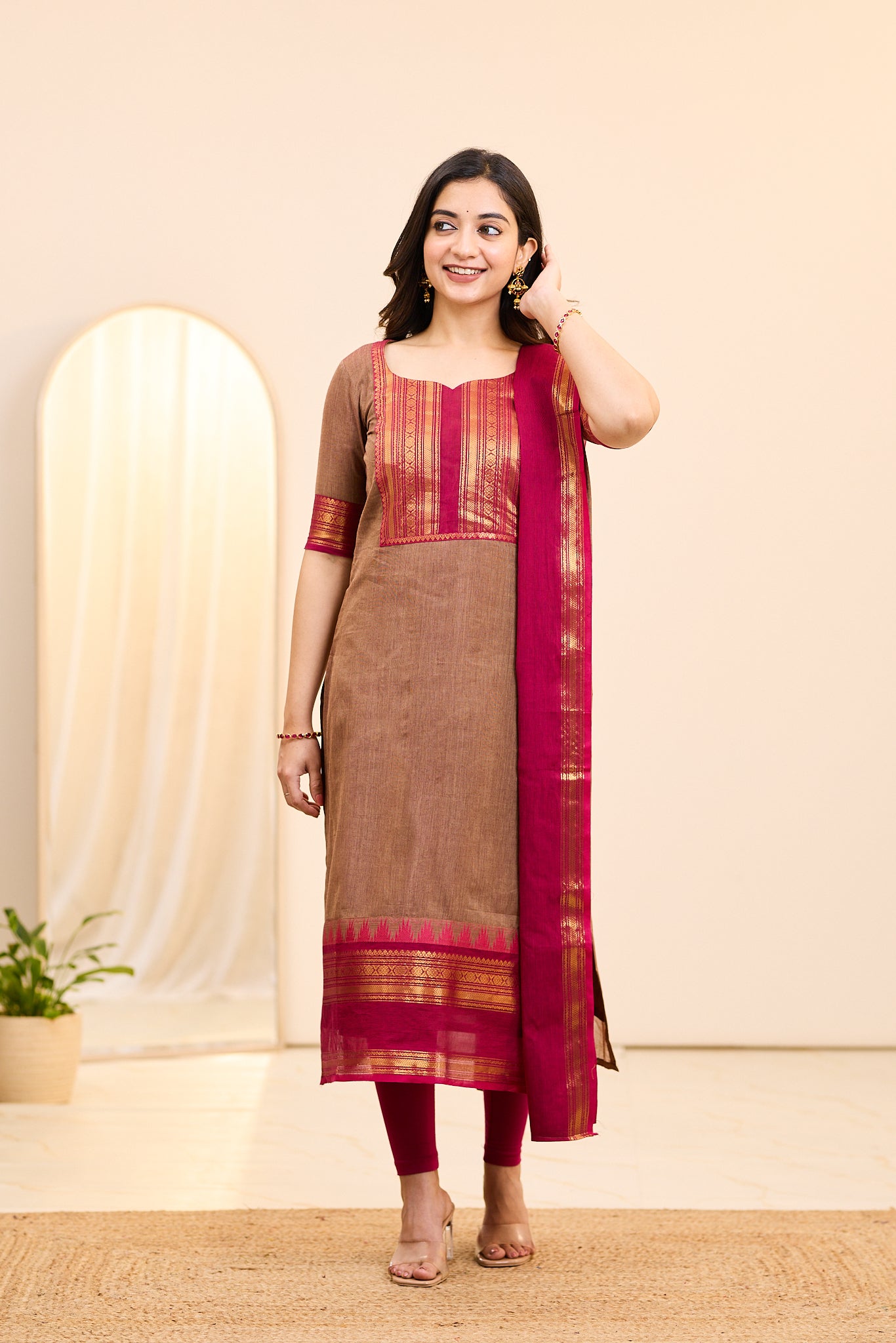 Brown and Pink Chettinad Cotton Top and Dupatta