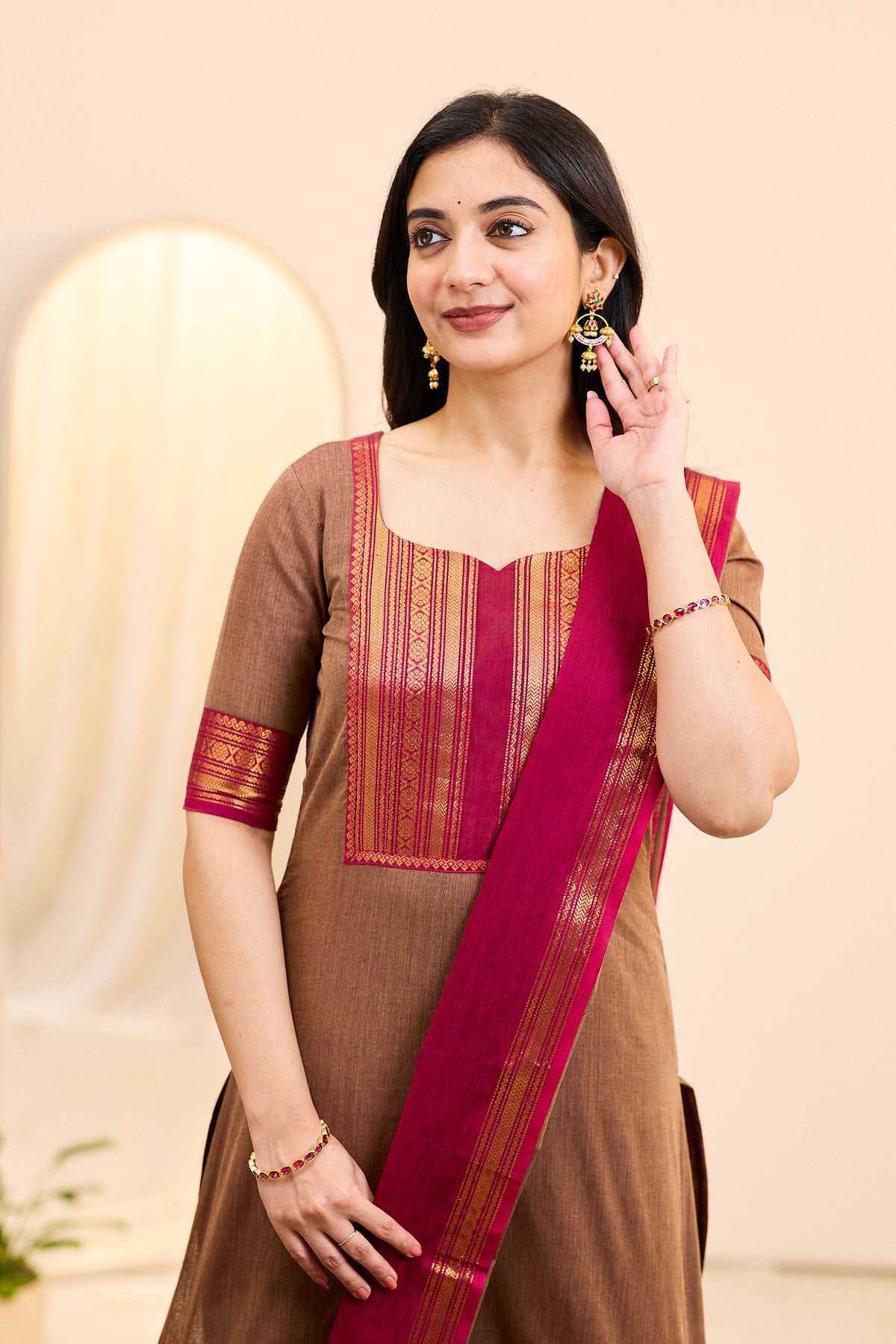 Brown and Pink Chettinad Cotton Top and Dupatta