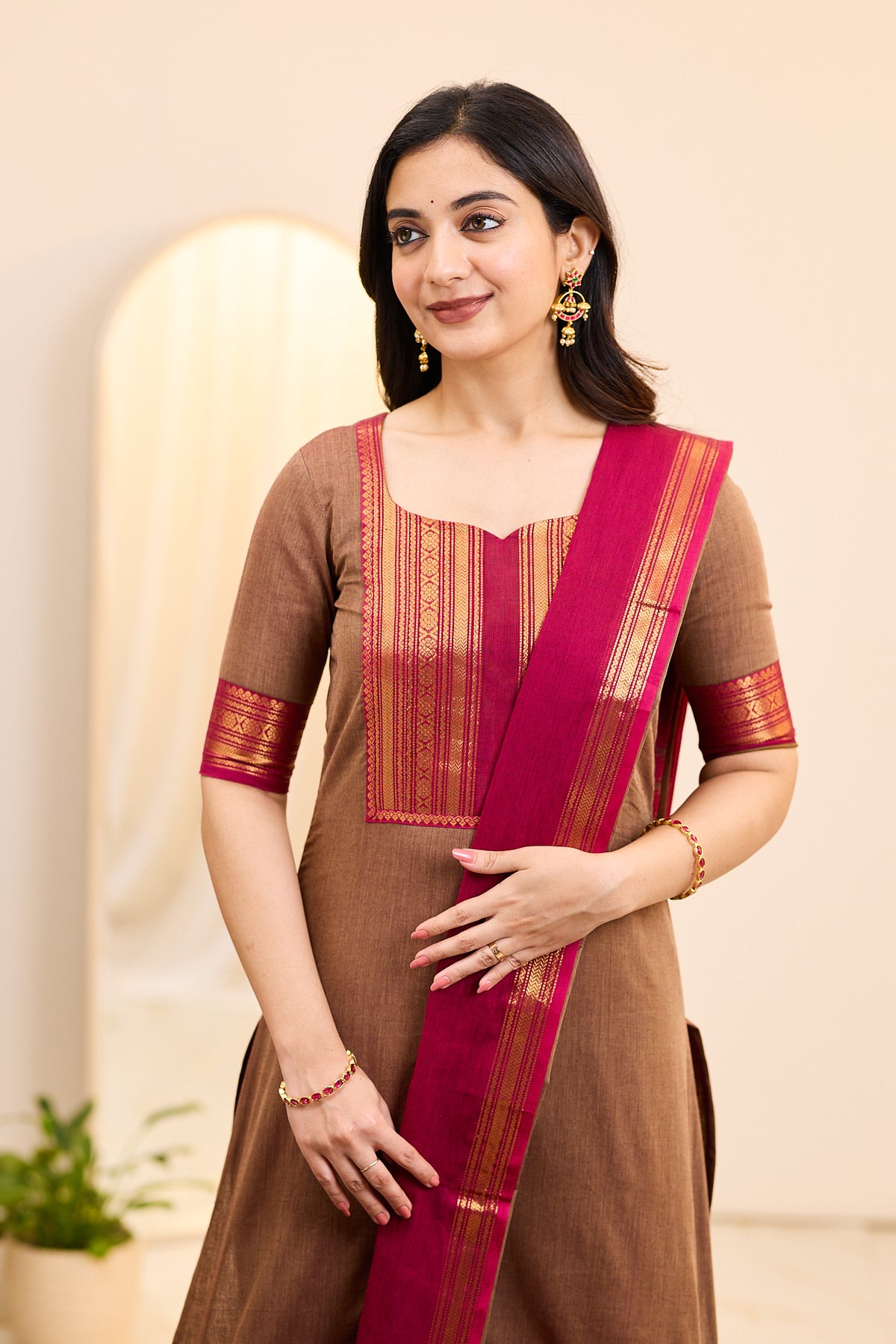Brown and Pink Chettinad Cotton Top and Dupatta