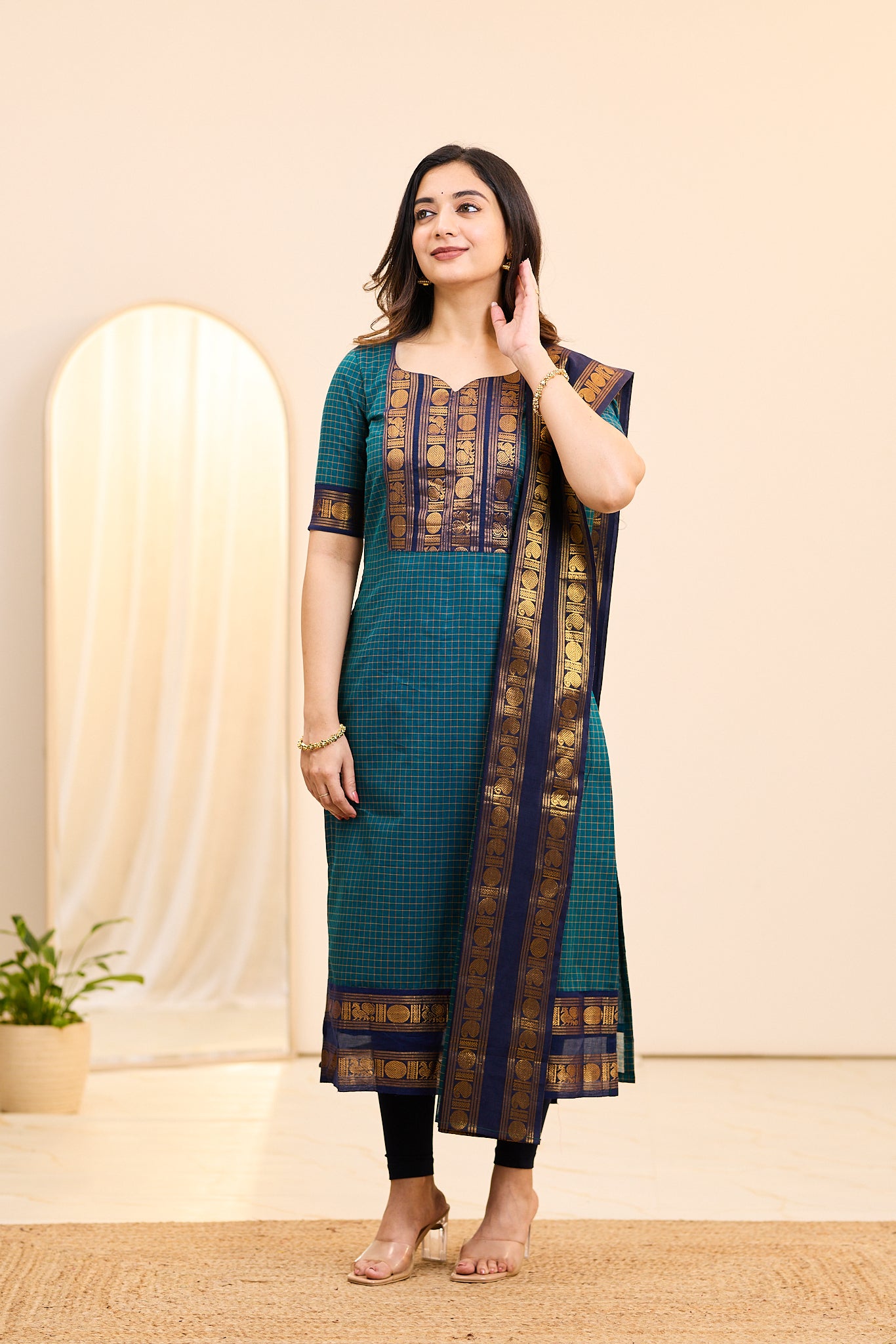 Classic Blue Chettinad Cotton Top and Dupatta