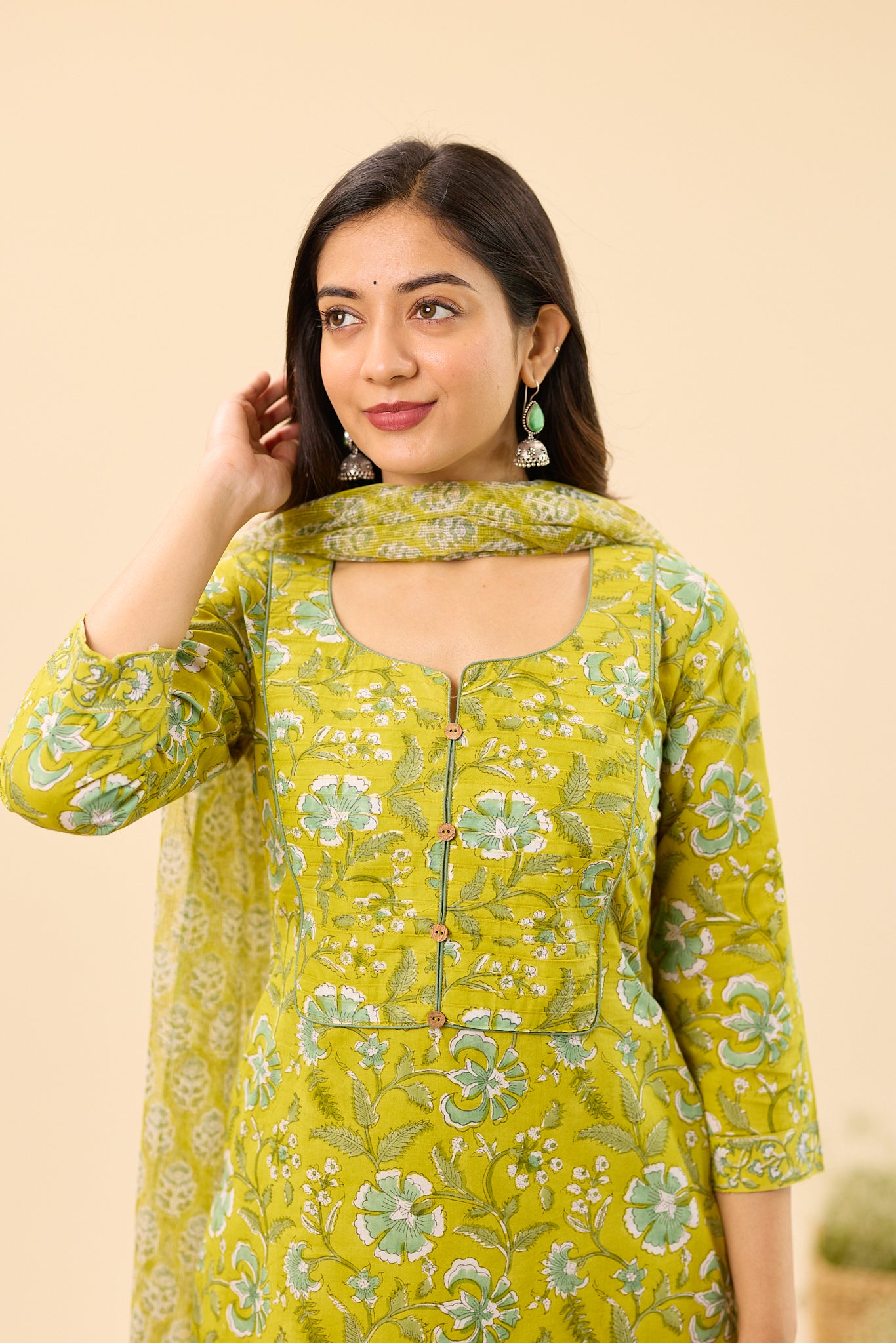 Lime Green Floral Block Printed Cotton Salwar Suit set