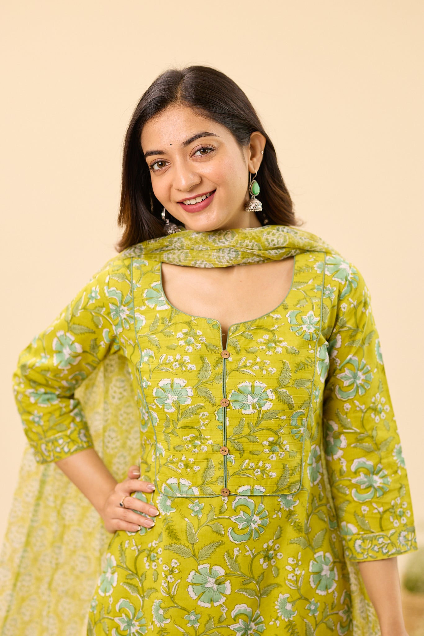 Lime Green Floral Block Printed Cotton Salwar Suit set