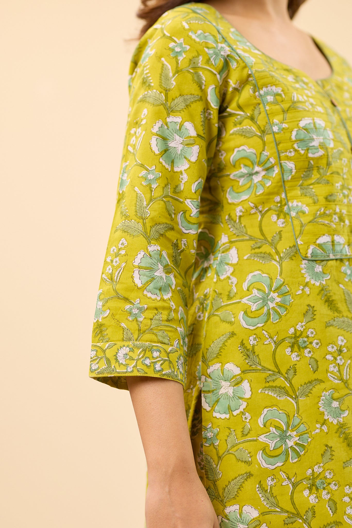 Lime Green Floral Block Printed Cotton Salwar Suit set