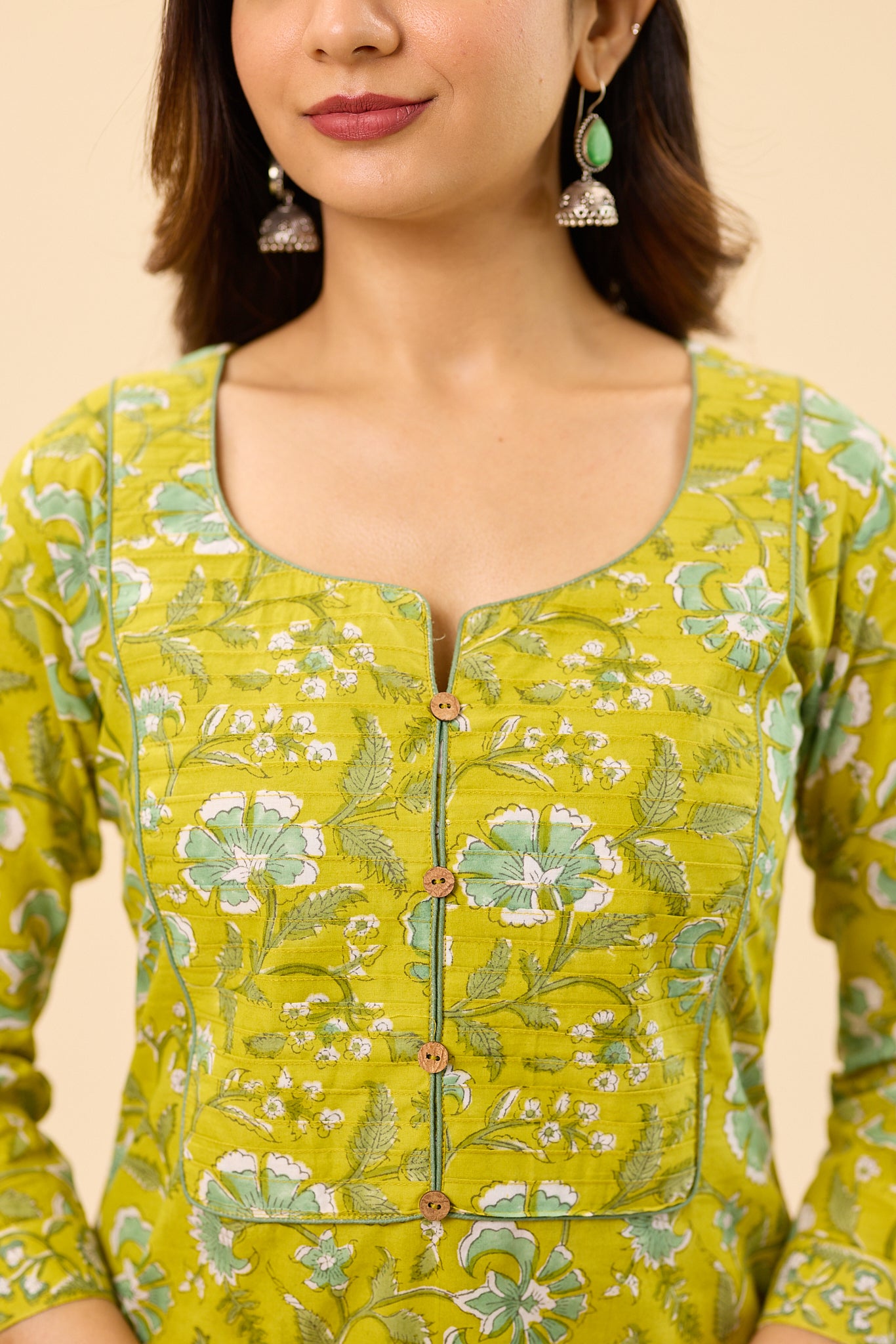 Lime Green Floral Block Printed Cotton Salwar Suit set