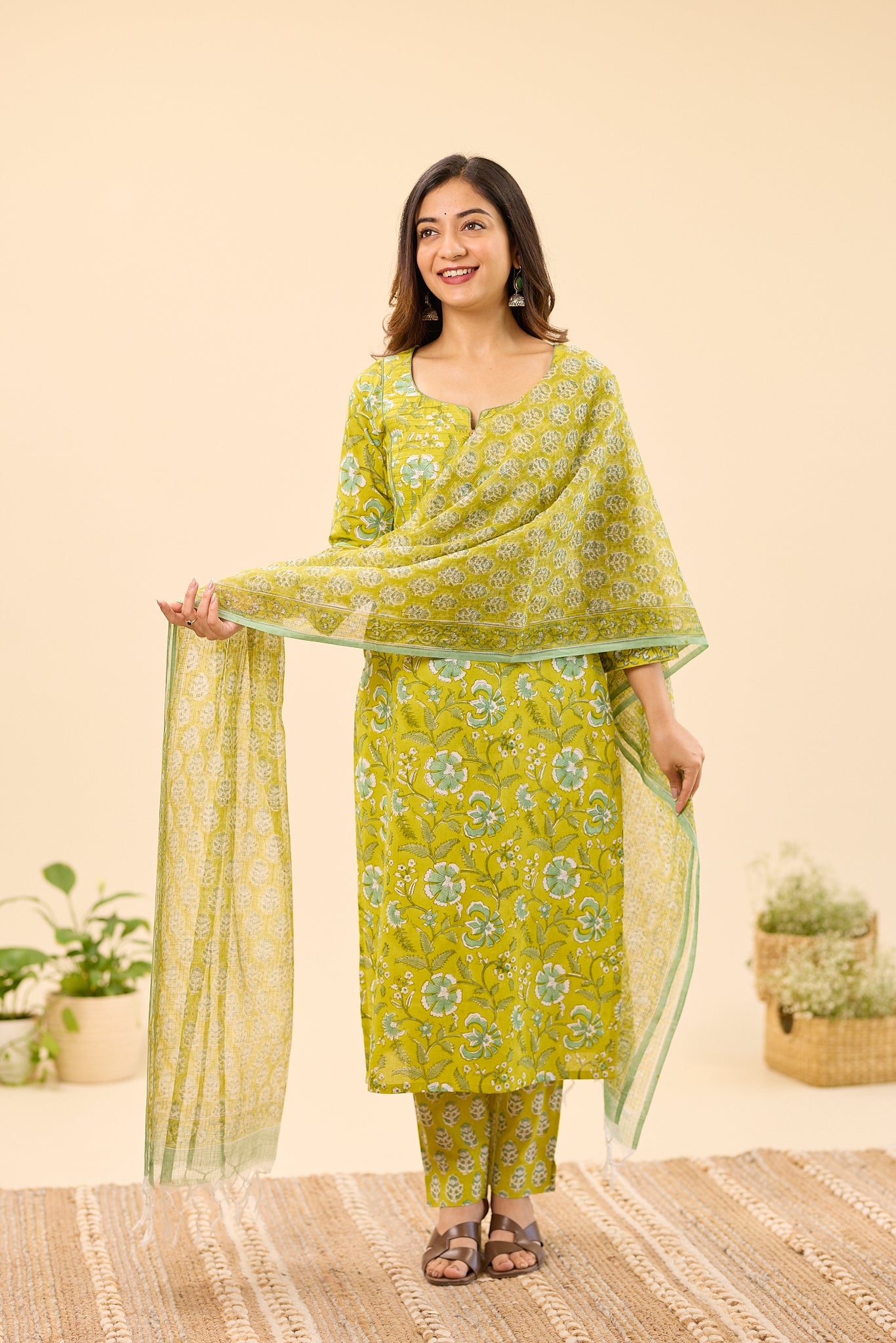 Lime Green Floral Block Printed Cotton Salwar Suit set